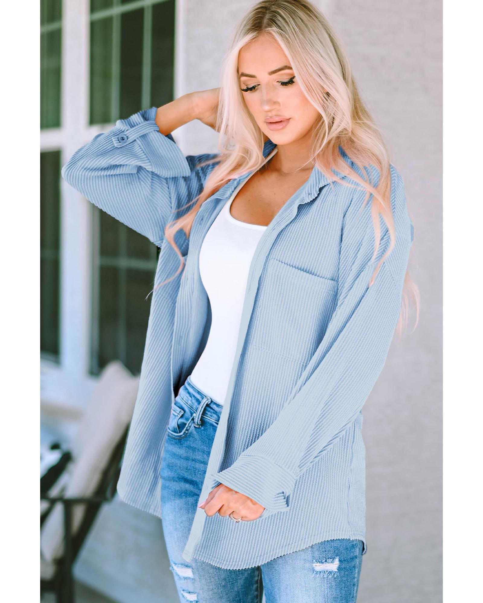 Sky Blue Roll Tab Sleeve Ribbed Cording Shacket - S