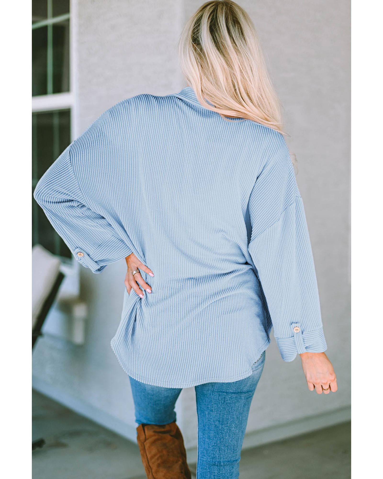 Sky Blue Roll Tab Sleeve Ribbed Cording Shacket - XL