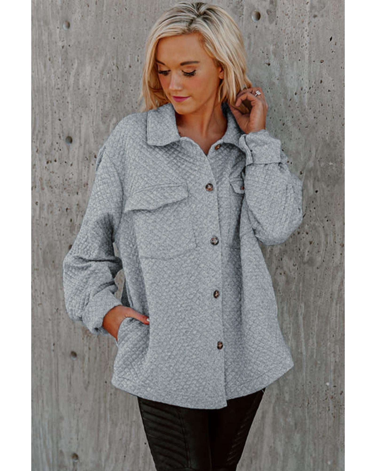 Gray Retro Quilted Flap Pocket Button Shacket - L