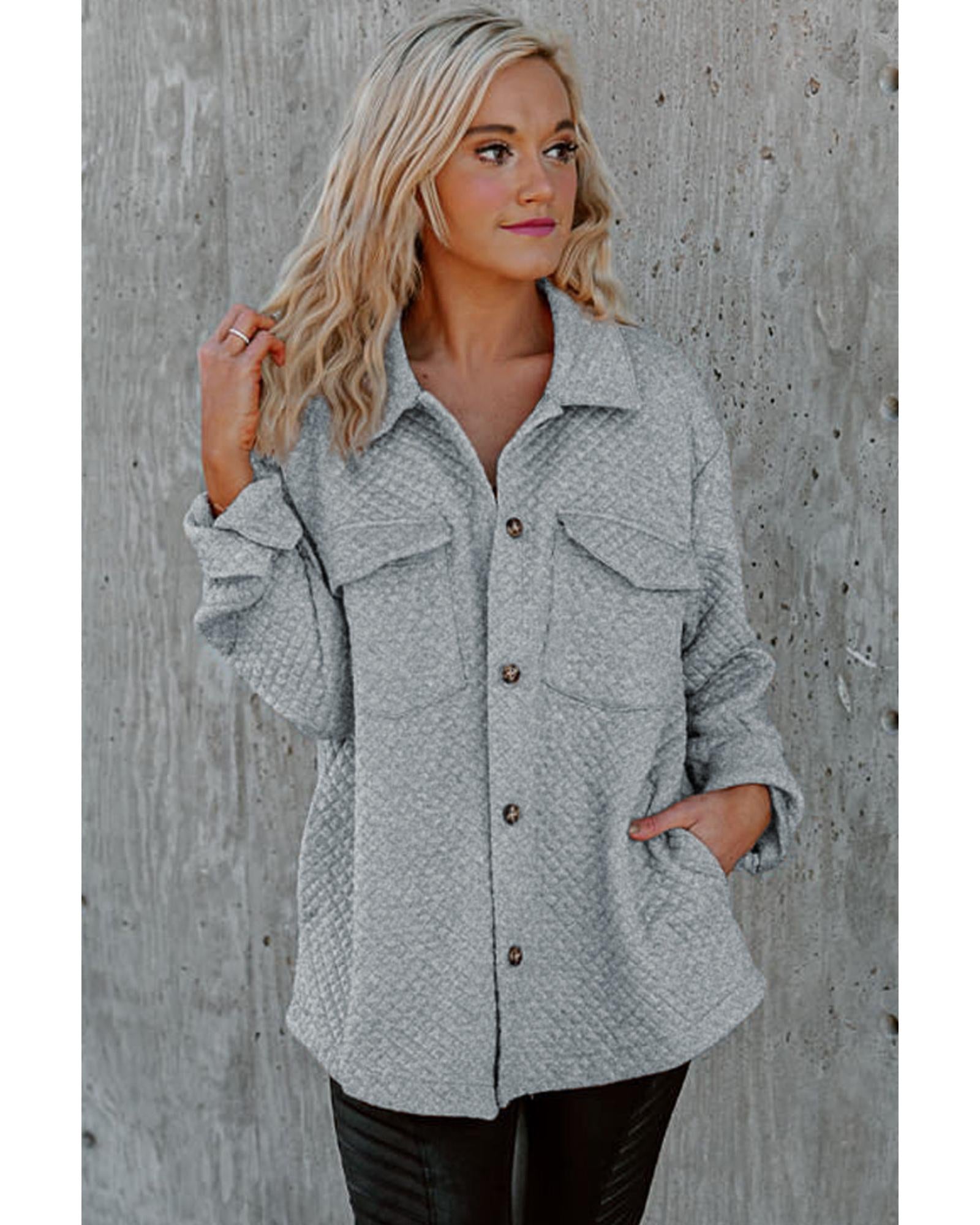 Gray Retro Quilted Flap Pocket Button Shacket - L