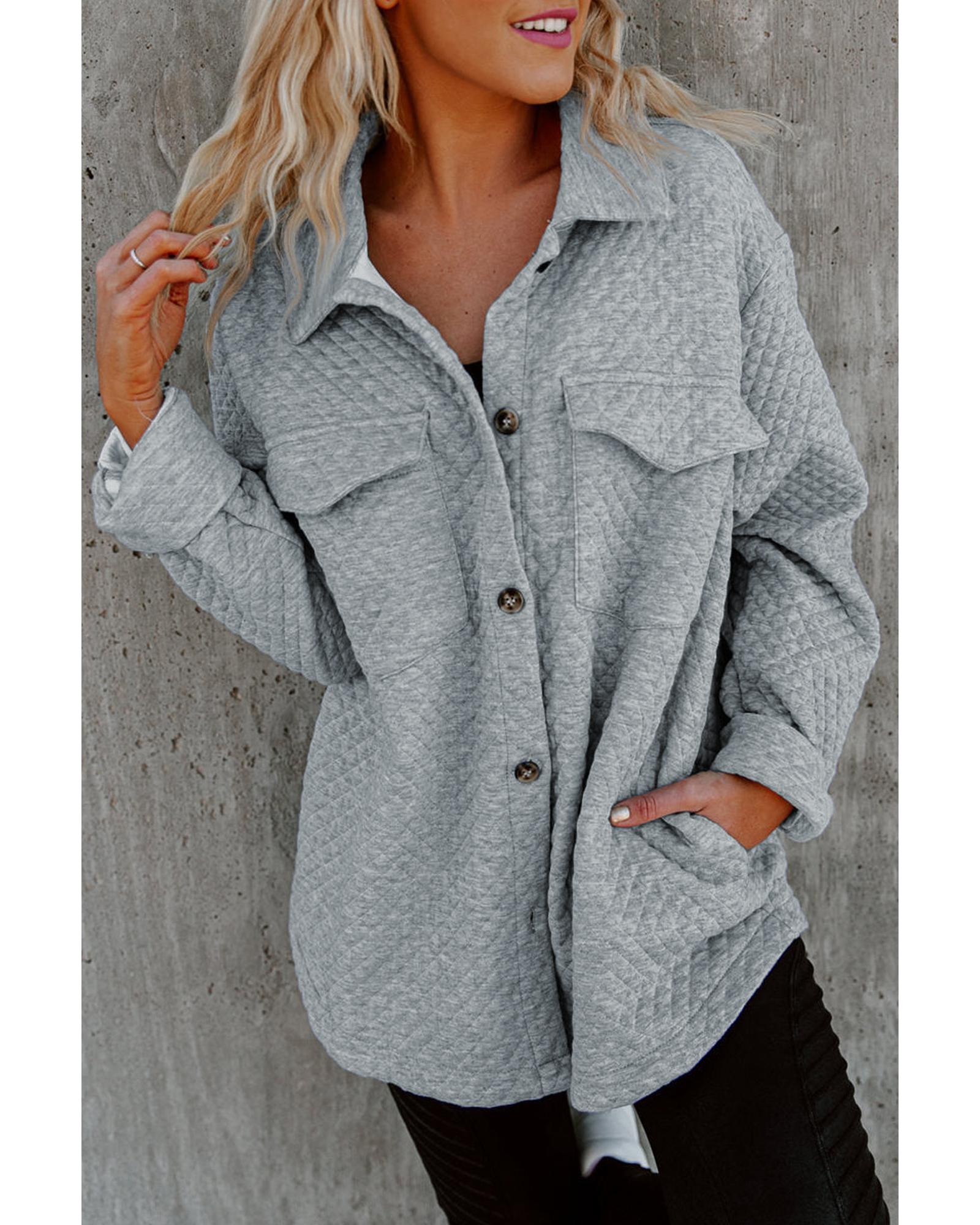 Gray Retro Quilted Flap Pocket Button Shacket - XL