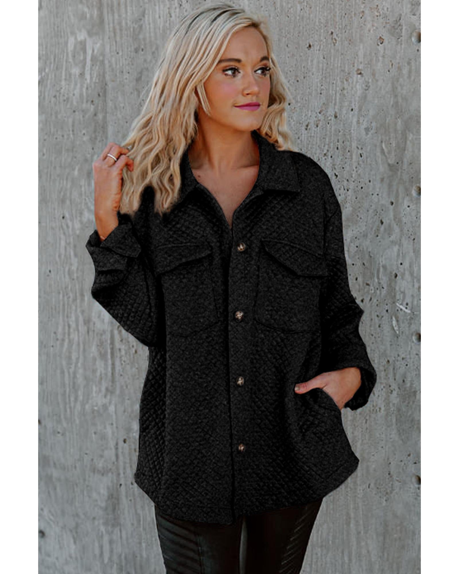 Black Retro Quilted Flap Pocket Button Shacket - 2XL