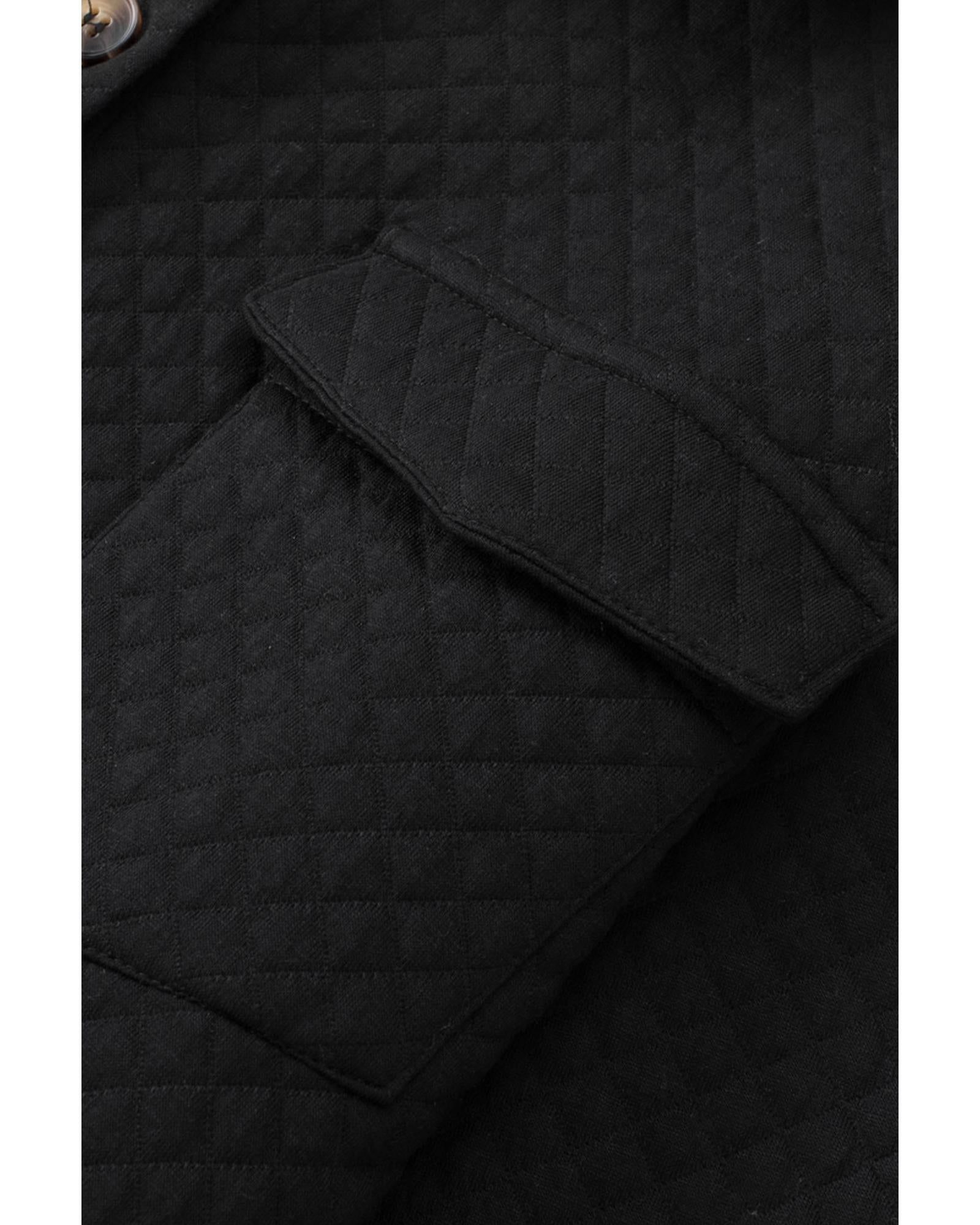 Black Retro Quilted Flap Pocket Button Shacket - L