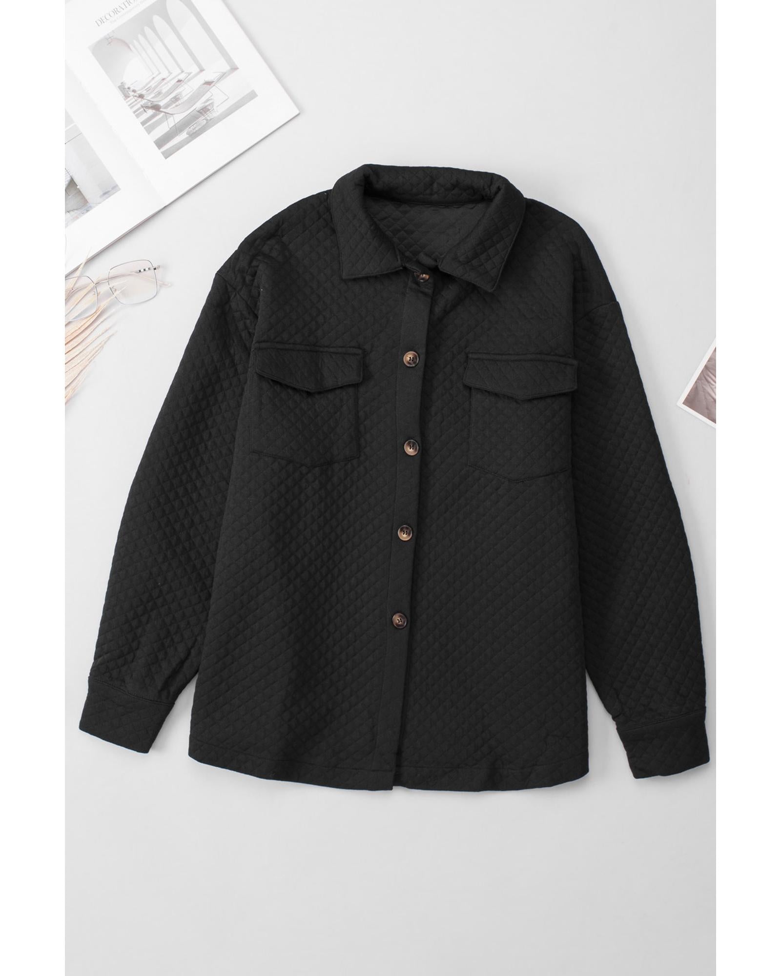Black Retro Quilted Flap Pocket Button Shacket - L