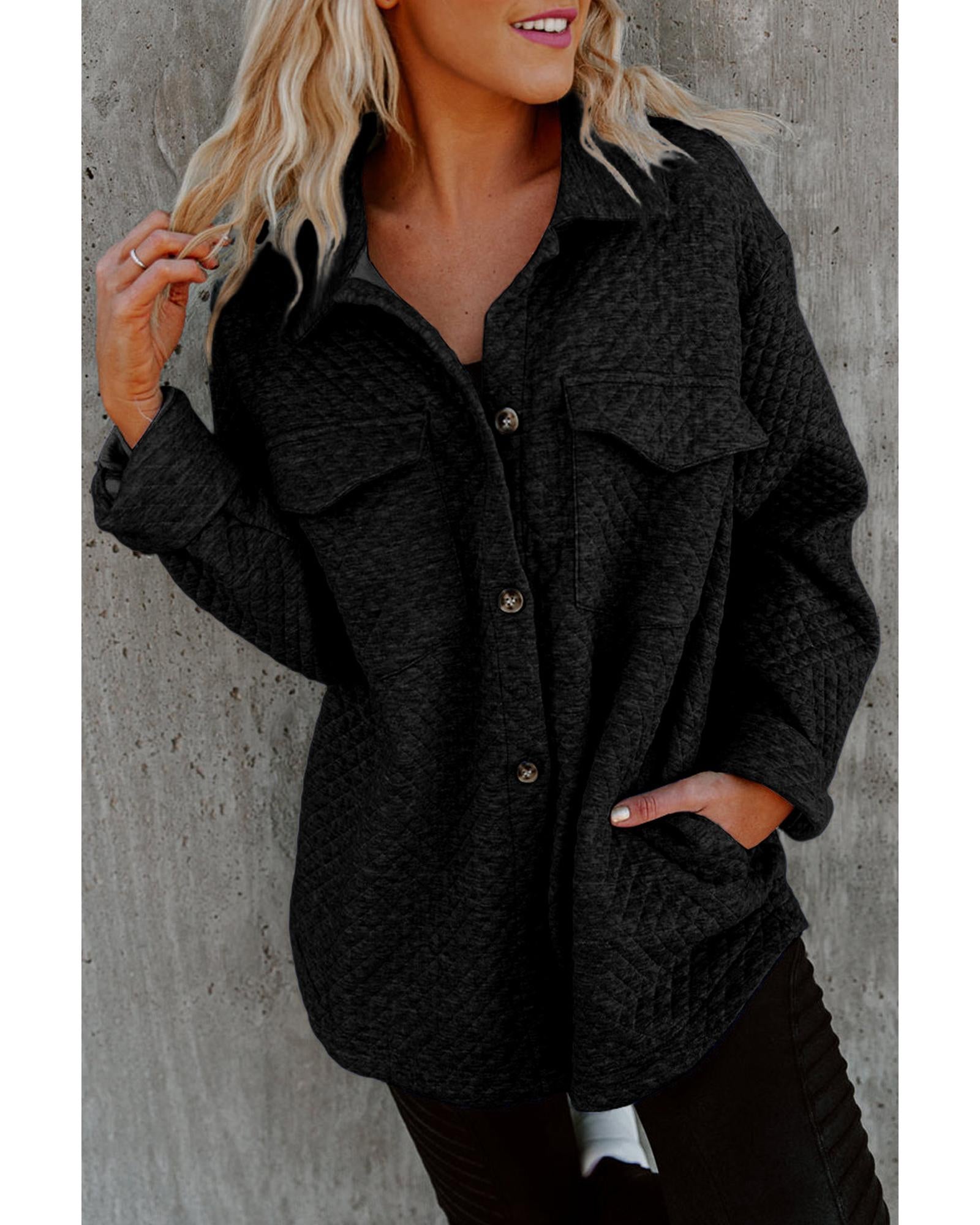 Black Retro Quilted Flap Pocket Button Shacket - L