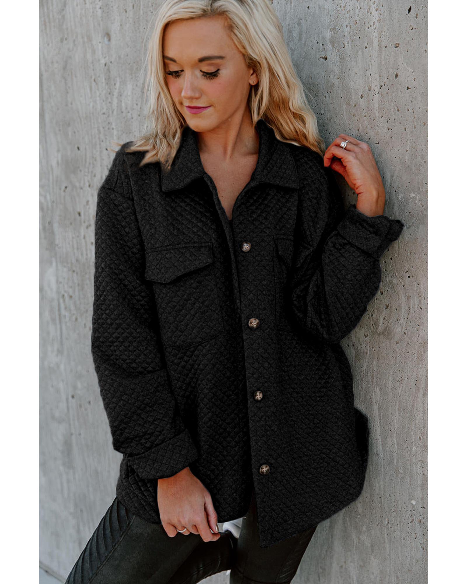 Black Retro Quilted Flap Pocket Button Shacket - M
