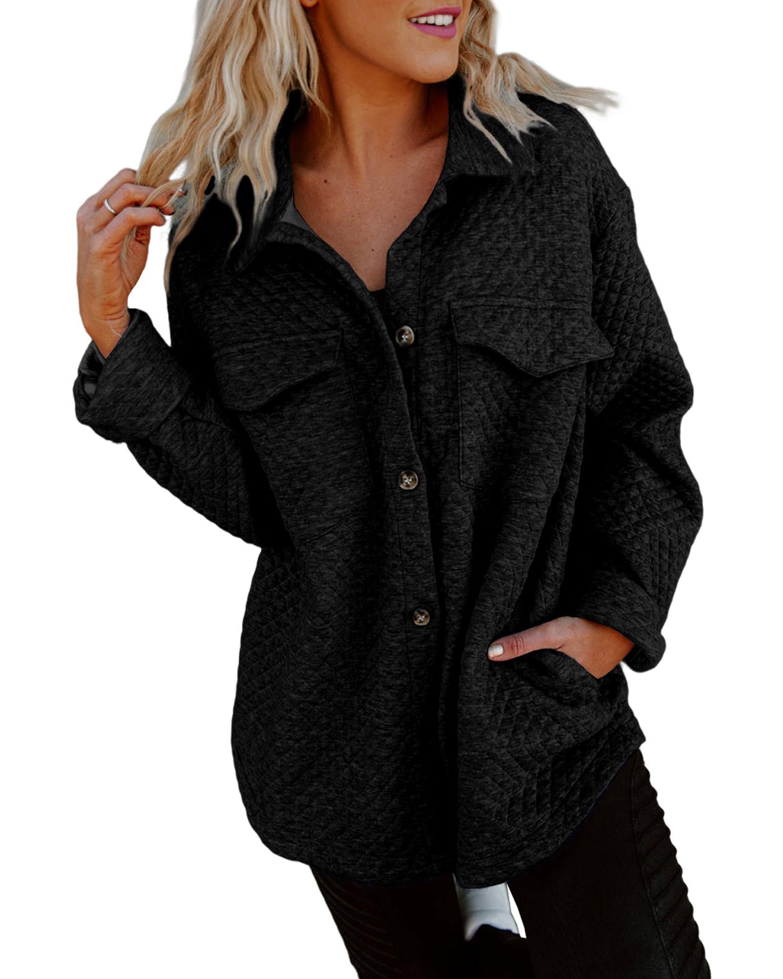 Black Retro Quilted Flap Pocket Button Shacket - M