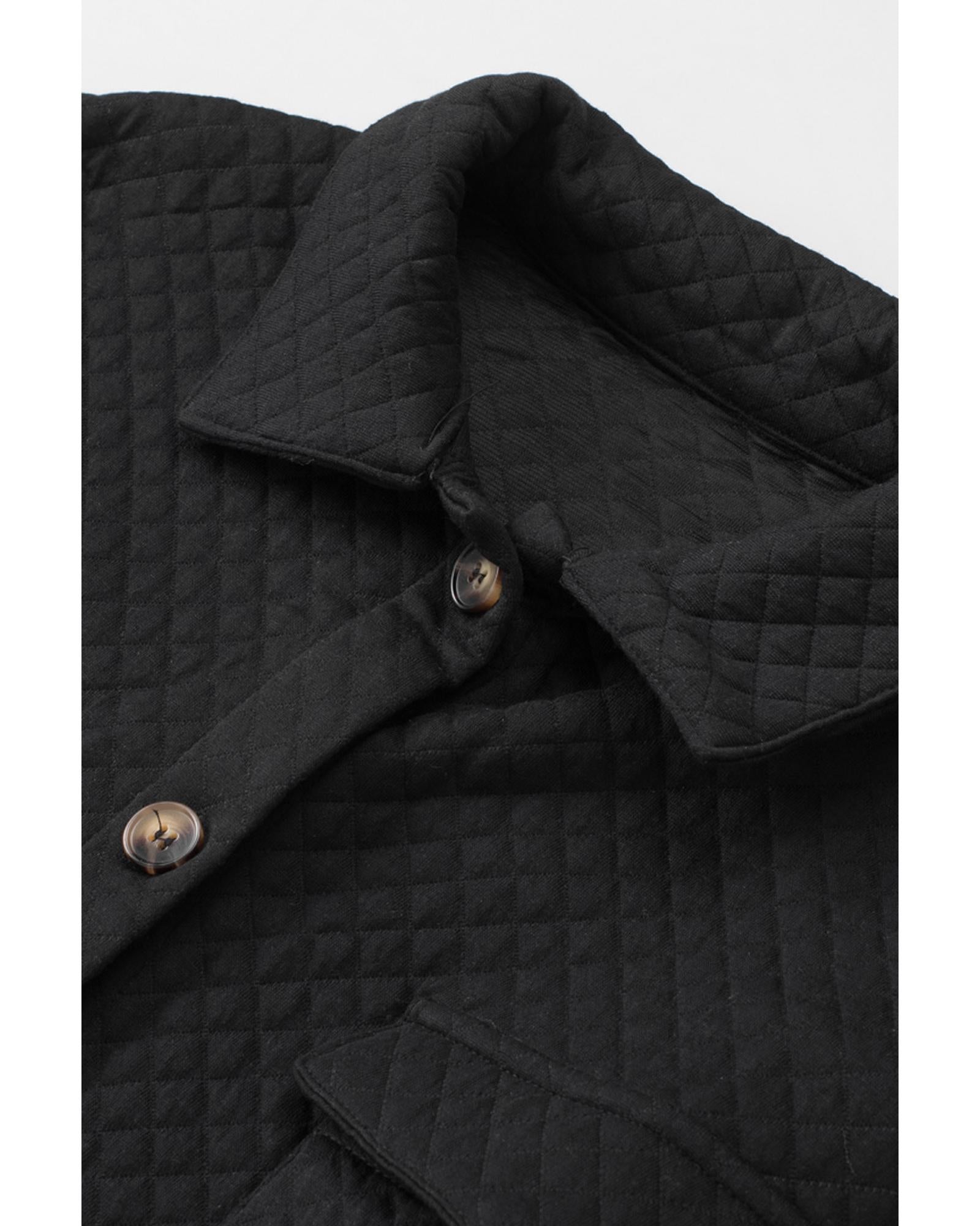 Black Retro Quilted Flap Pocket Button Shacket - M