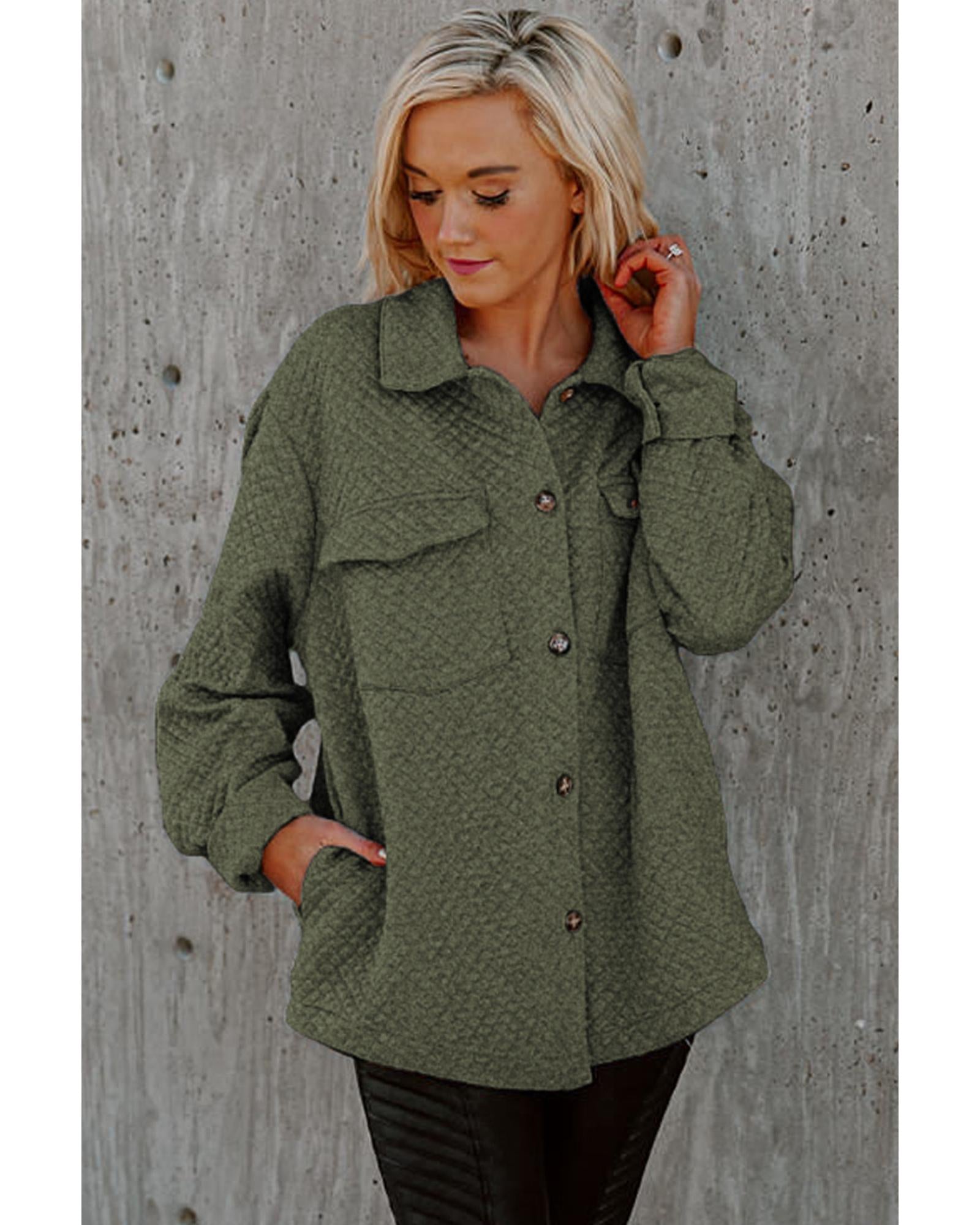 Green Retro Quilted Flap Pocket Button Shacket - M