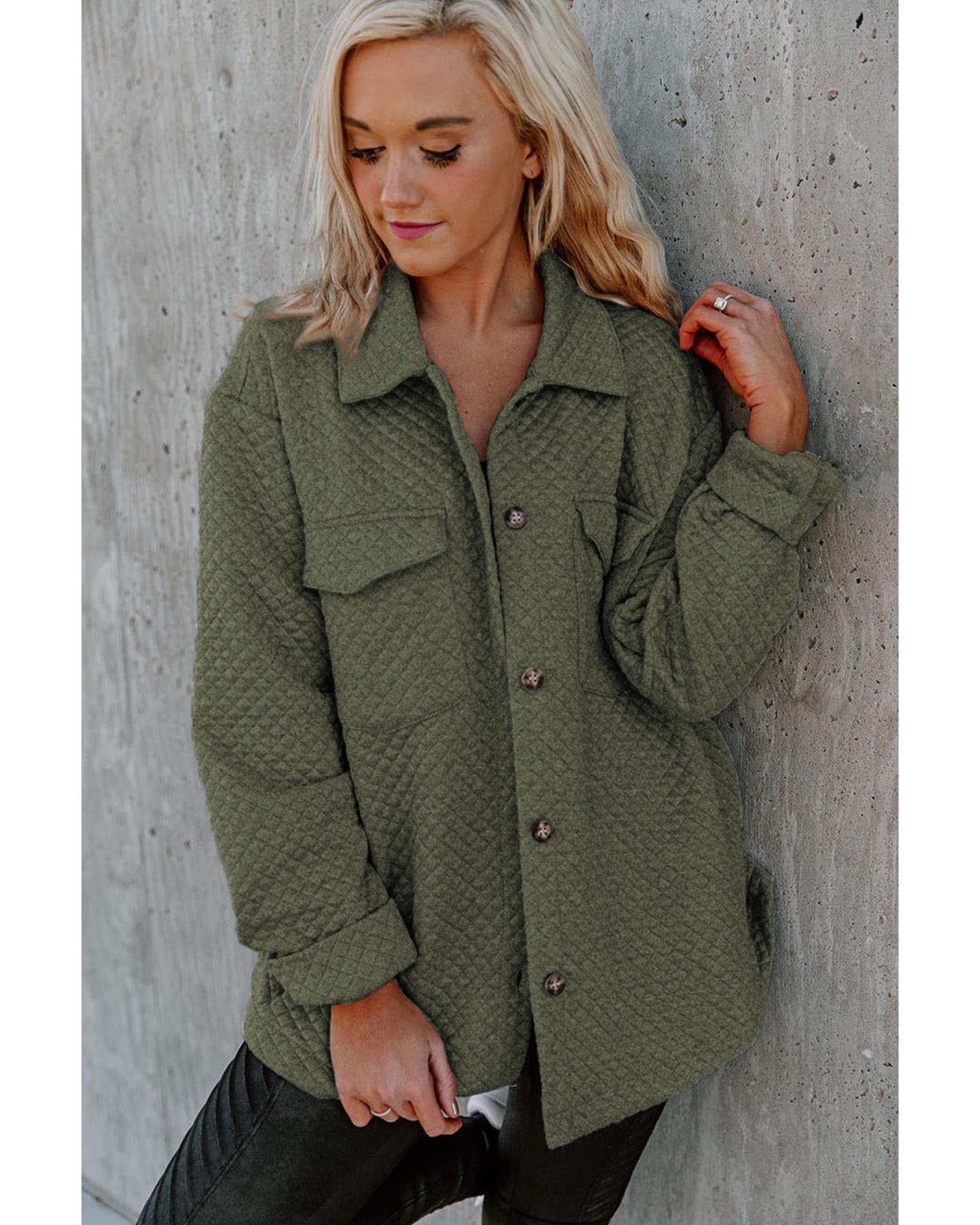 Green Retro Quilted Flap Pocket Button Shacket - S