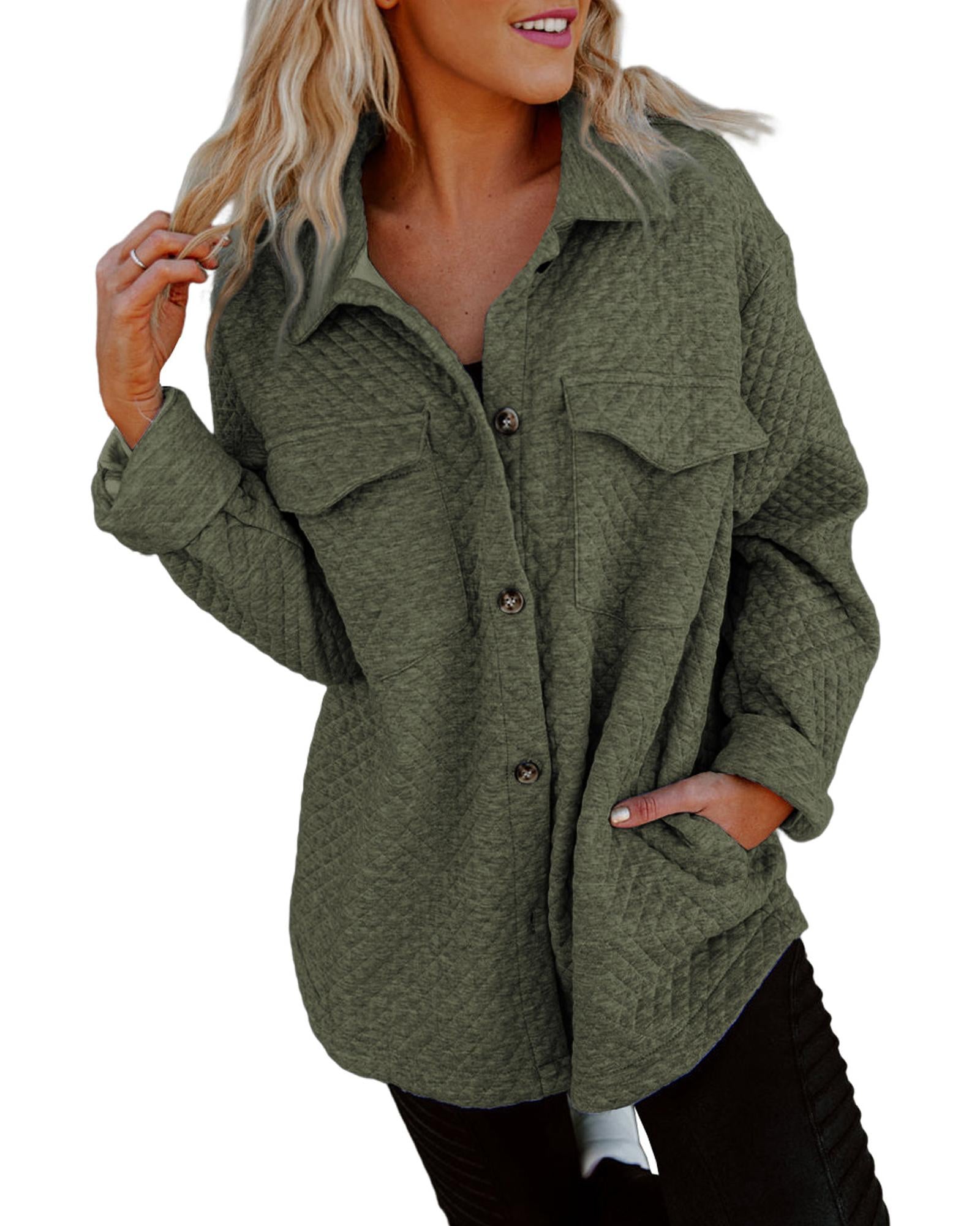 Green Retro Quilted Flap Pocket Button Shacket - S