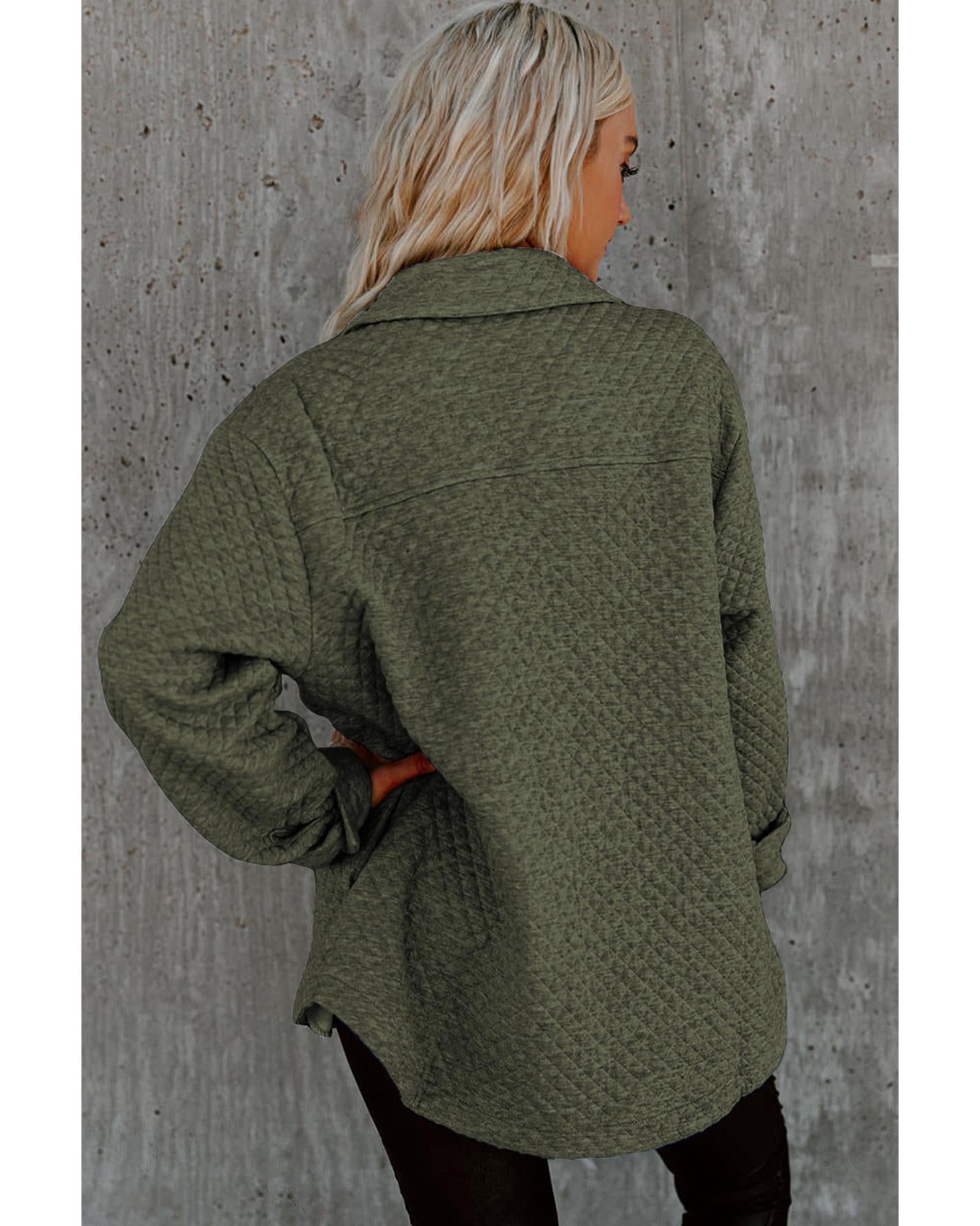 Green Retro Quilted Flap Pocket Button Shacket - S