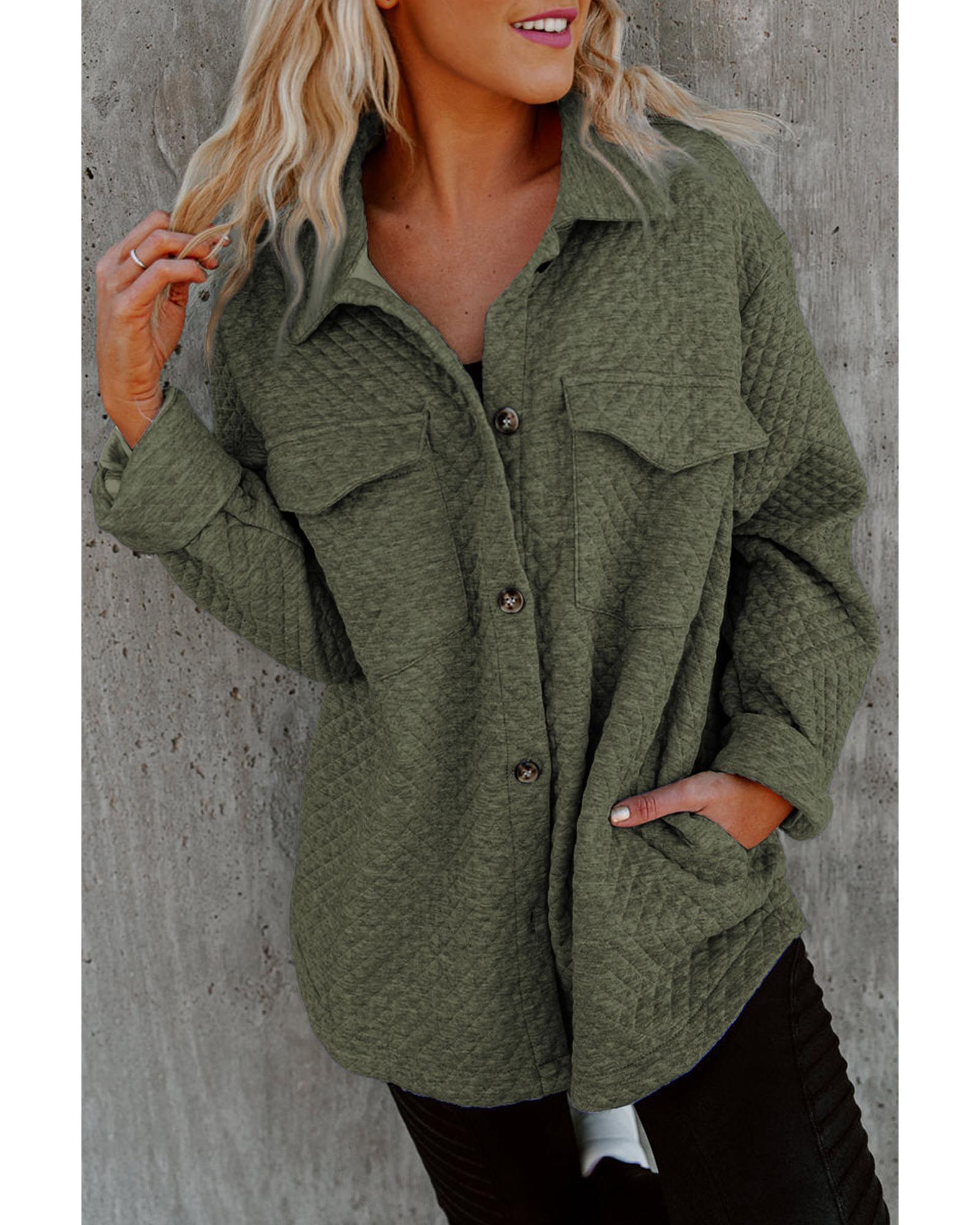 Green Retro Quilted Flap Pocket Button Shacket - XL