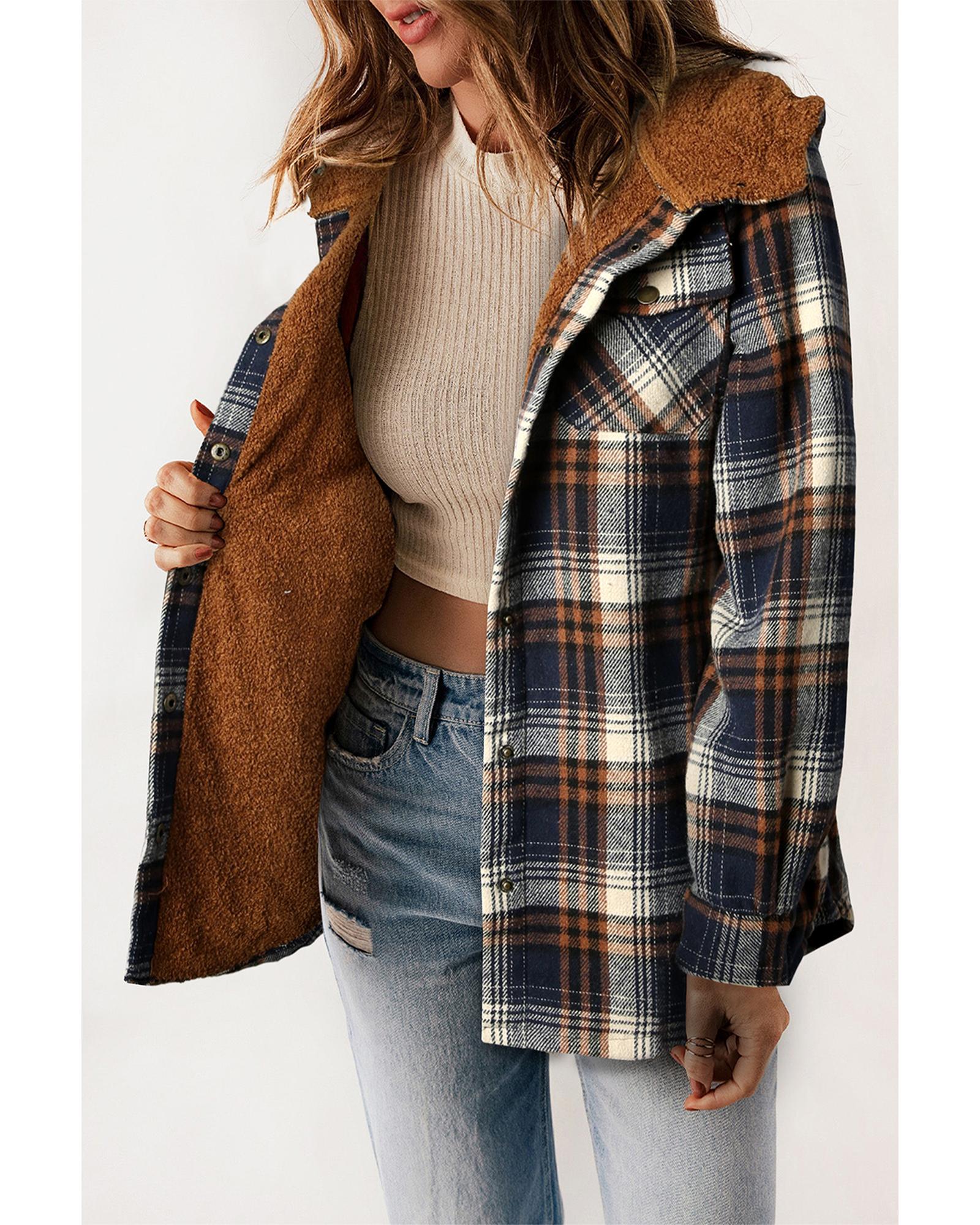 Plaid Pattern Sherpa Lined Hooded Shacket - L
