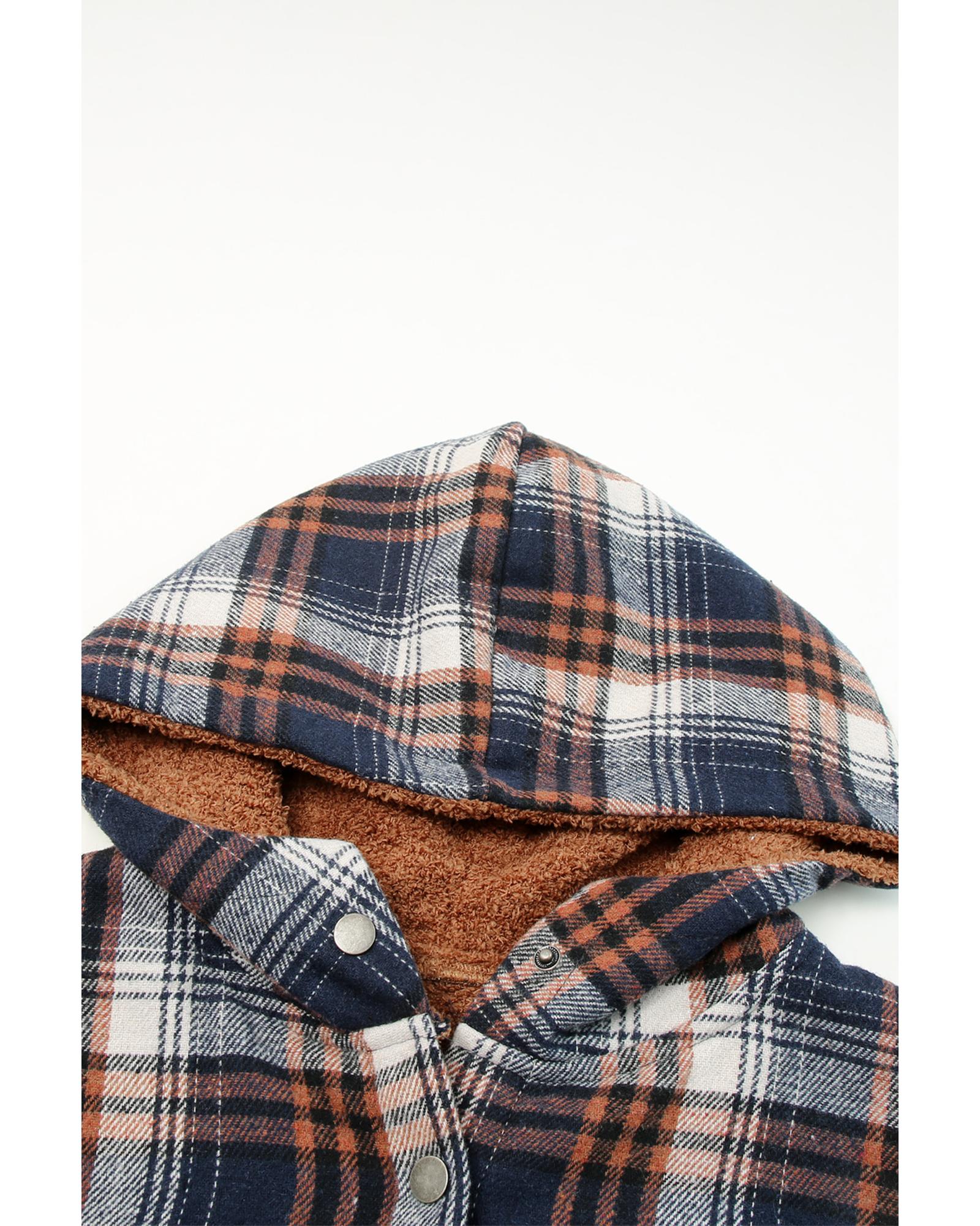 Plaid Pattern Sherpa Lined Hooded Shacket - M