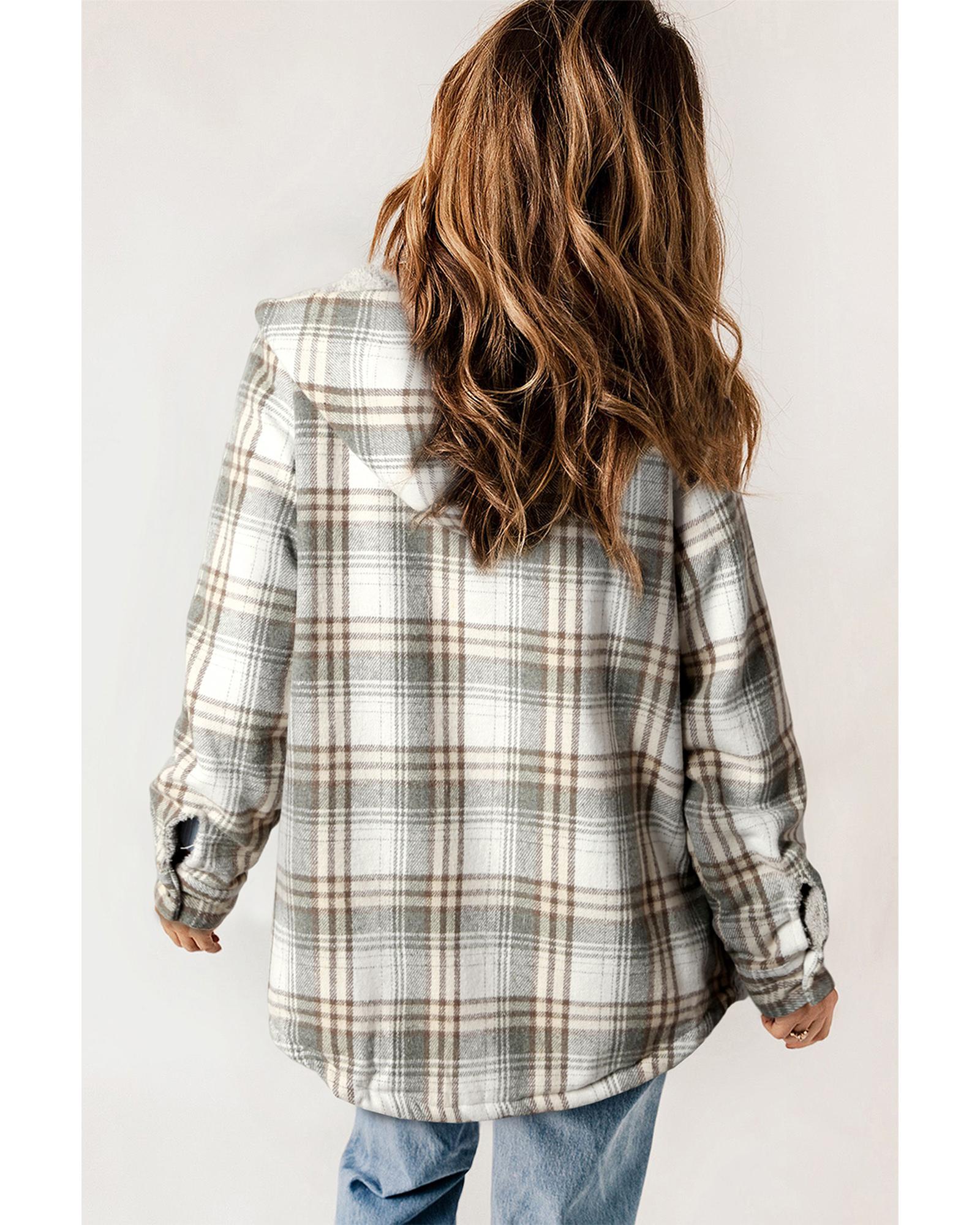 Gray Plaid Pattern Sherpa Lined Hooded Shacket - L