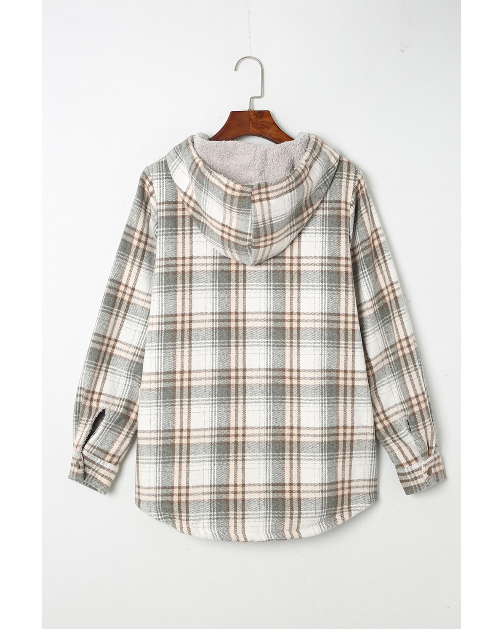 Gray Plaid Pattern Sherpa Lined Hooded Shacket - L