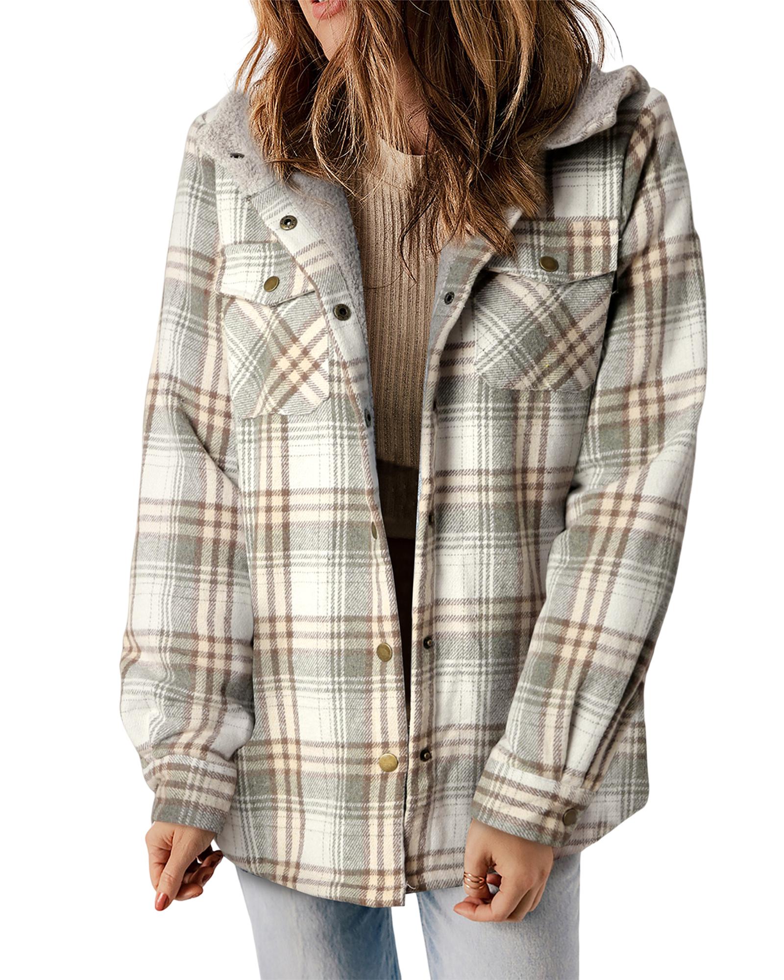 Gray Plaid Pattern Sherpa Lined Hooded Shacket - M
