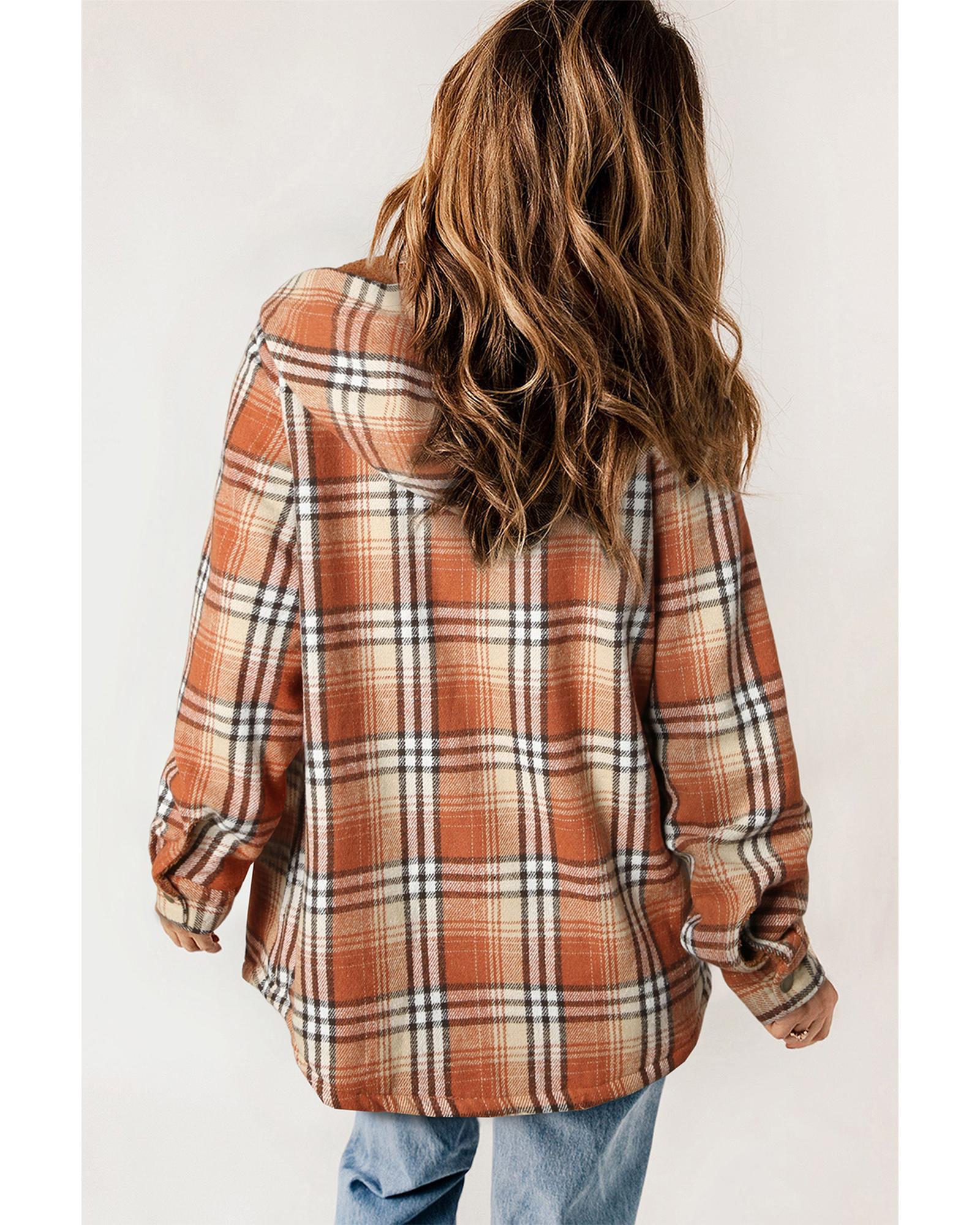 Orange Plaid Pattern Sherpa Lined Hooded Shacket - L