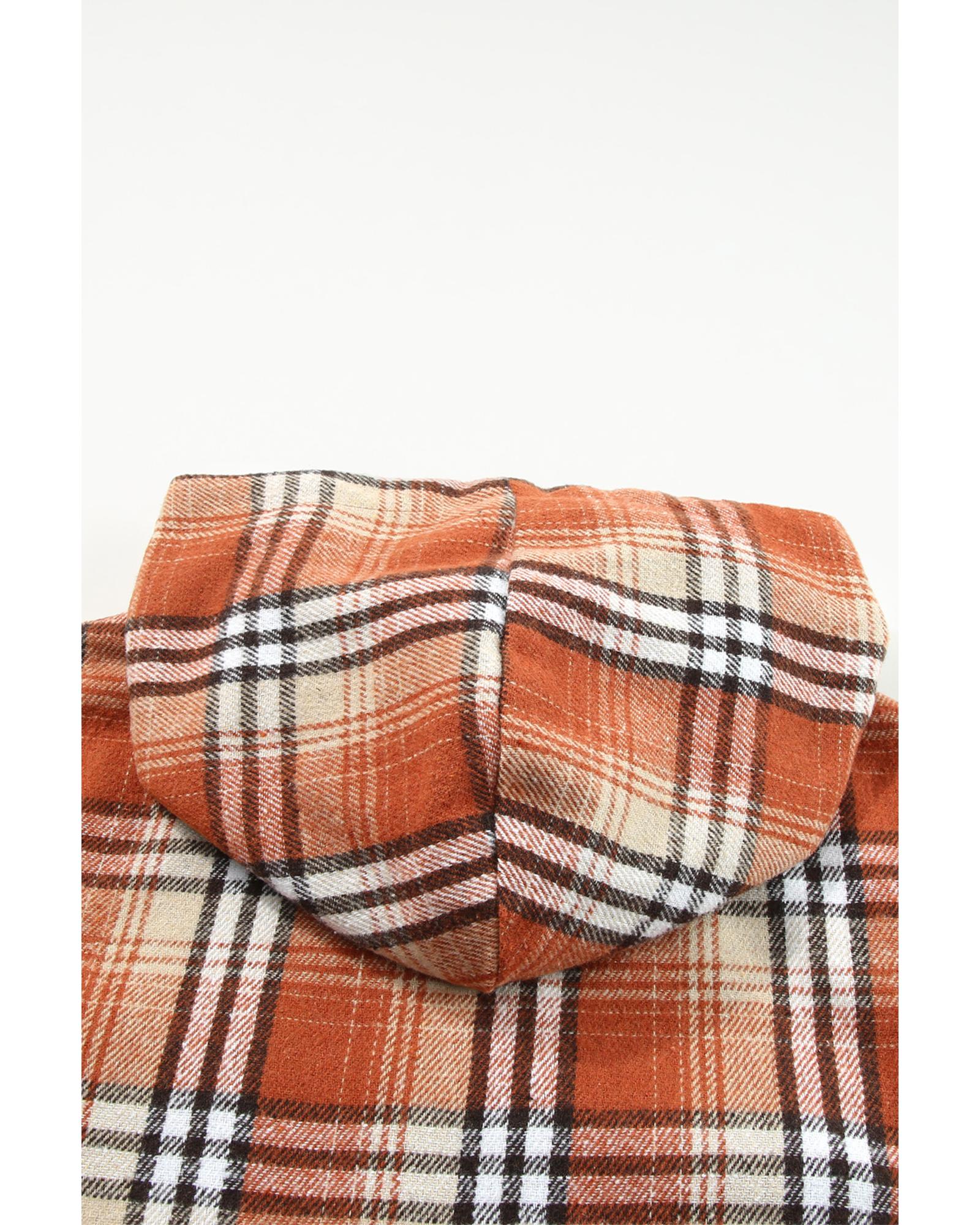 Orange Plaid Pattern Sherpa Lined Hooded Shacket - M