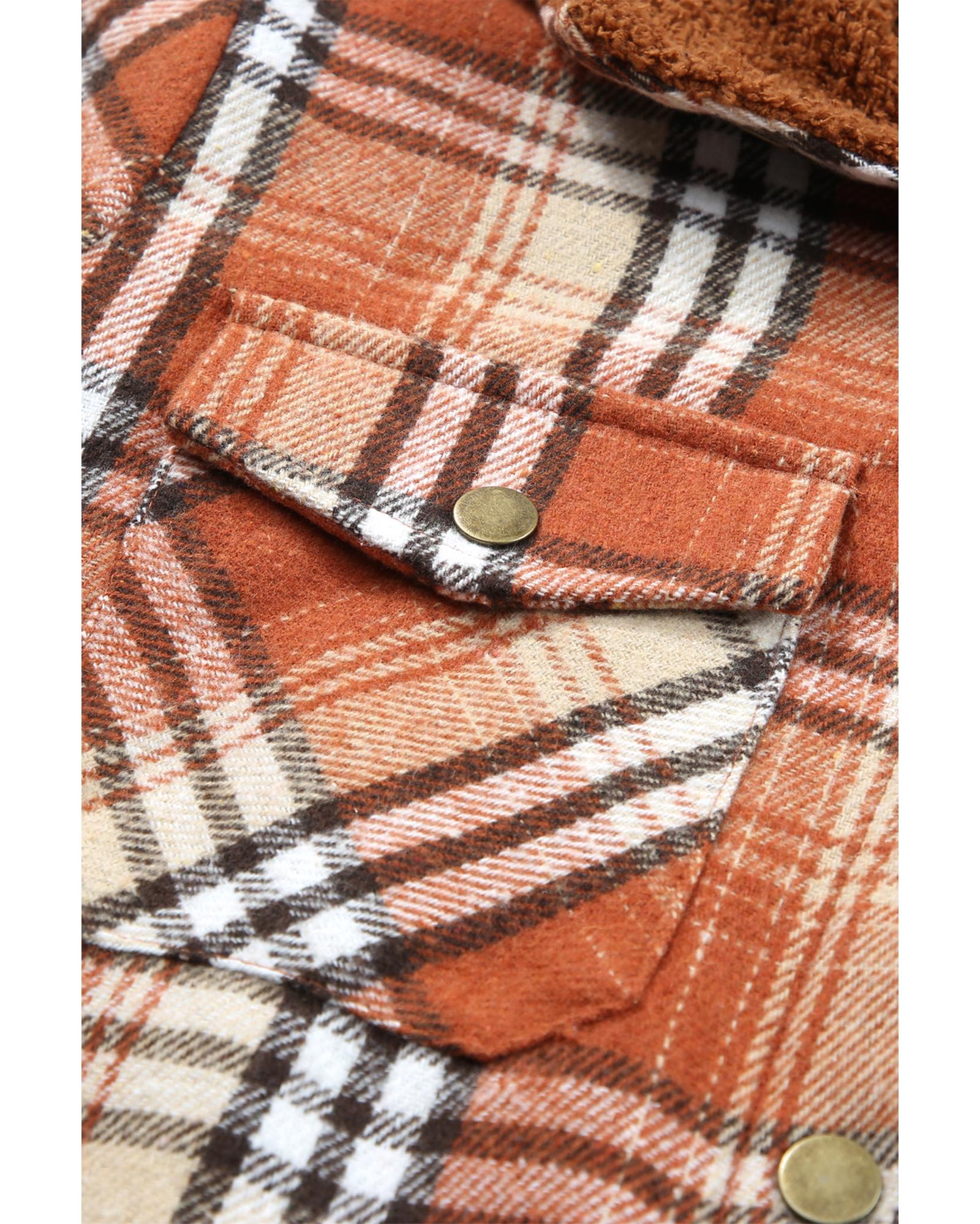 Orange Plaid Pattern Sherpa Lined Hooded Shacket - M