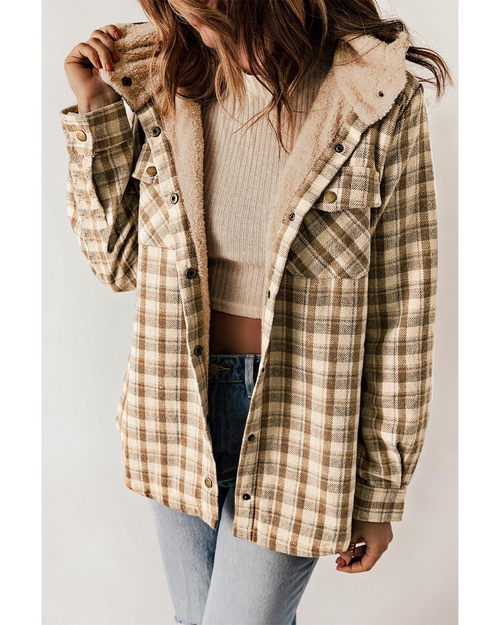 Khaki Plaid Pattern Sherpa Lined Hooded Shacket - L