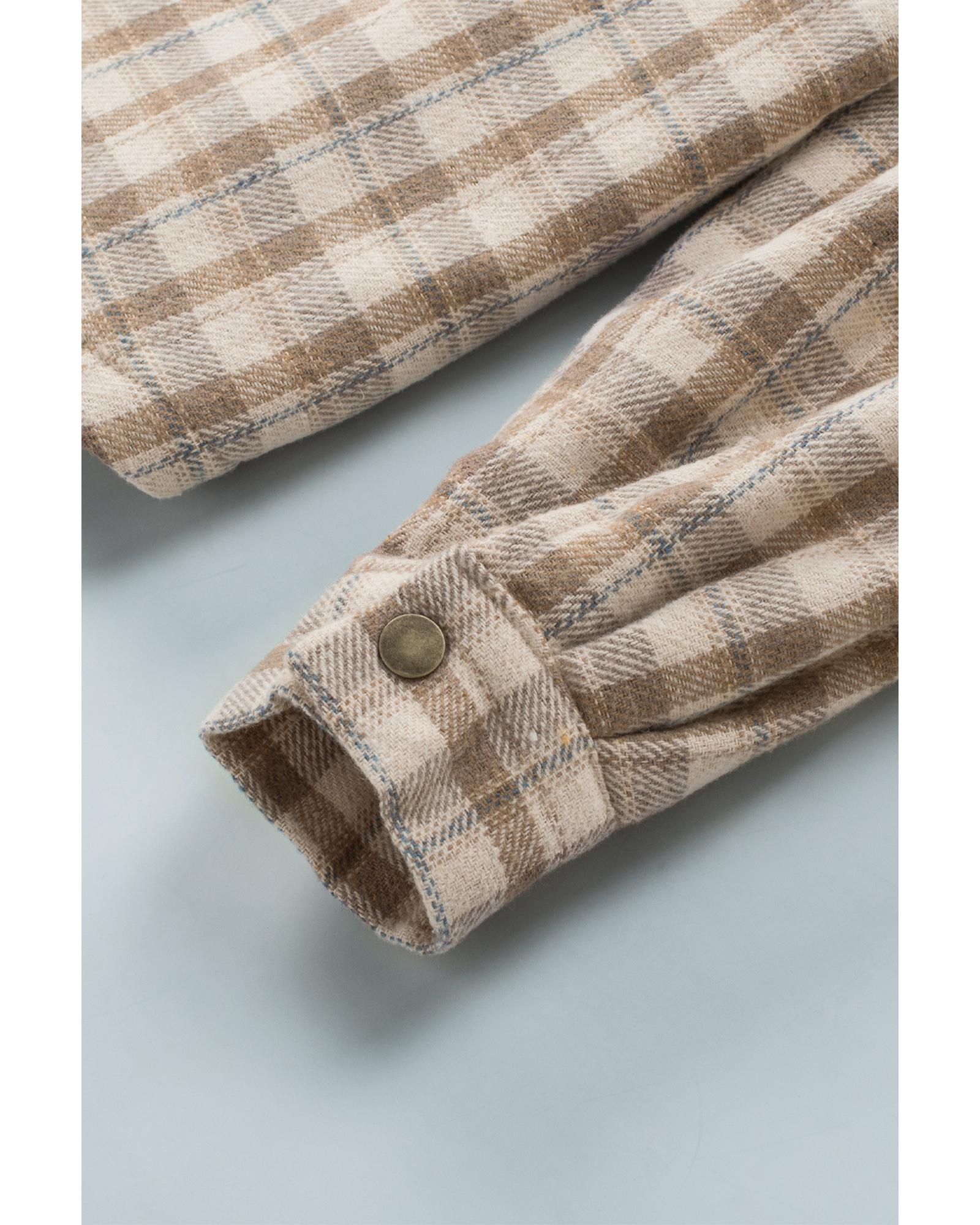 Khaki Plaid Pattern Sherpa Lined Hooded Shacket - L