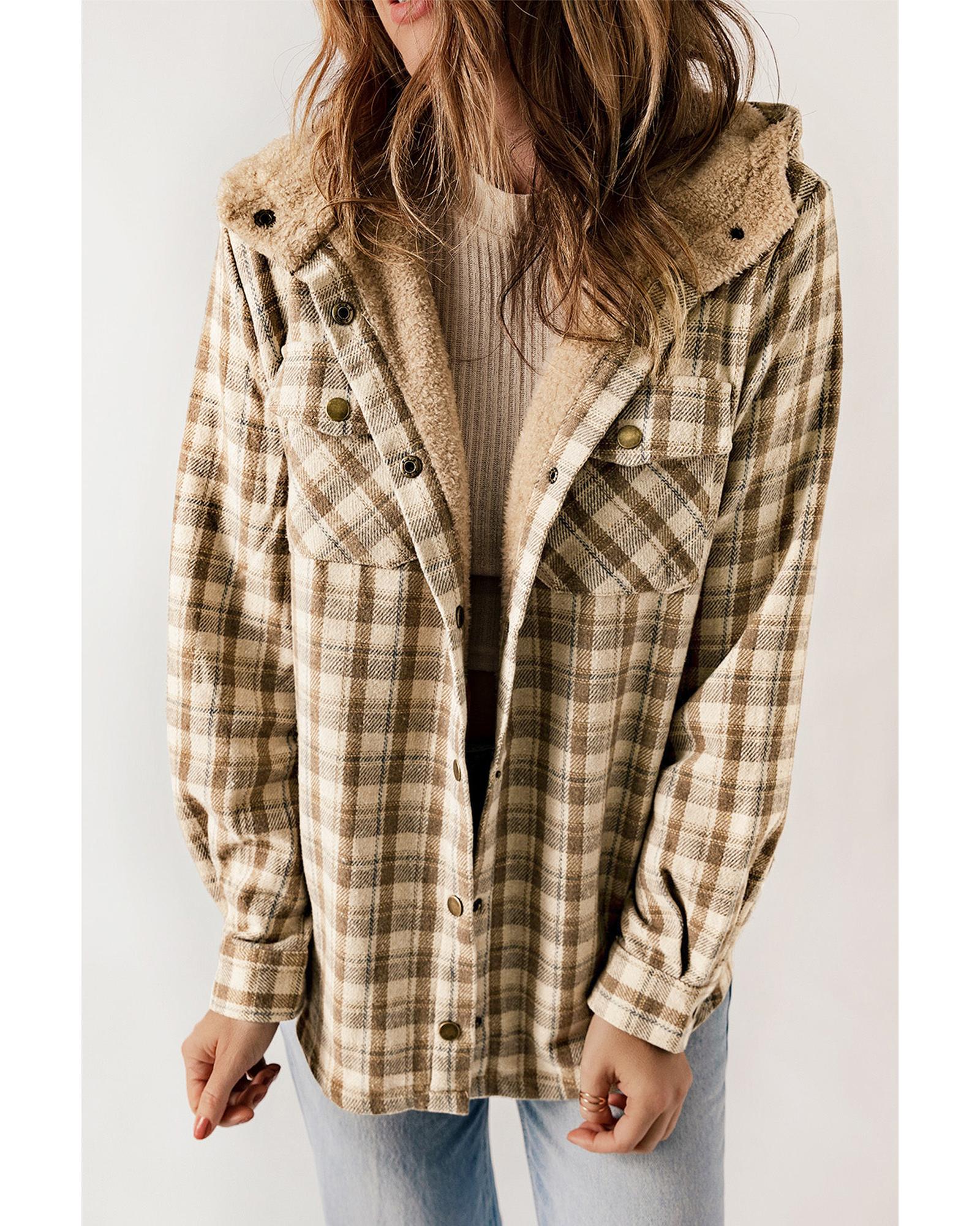 Khaki Plaid Pattern Sherpa Lined Hooded Shacket - M