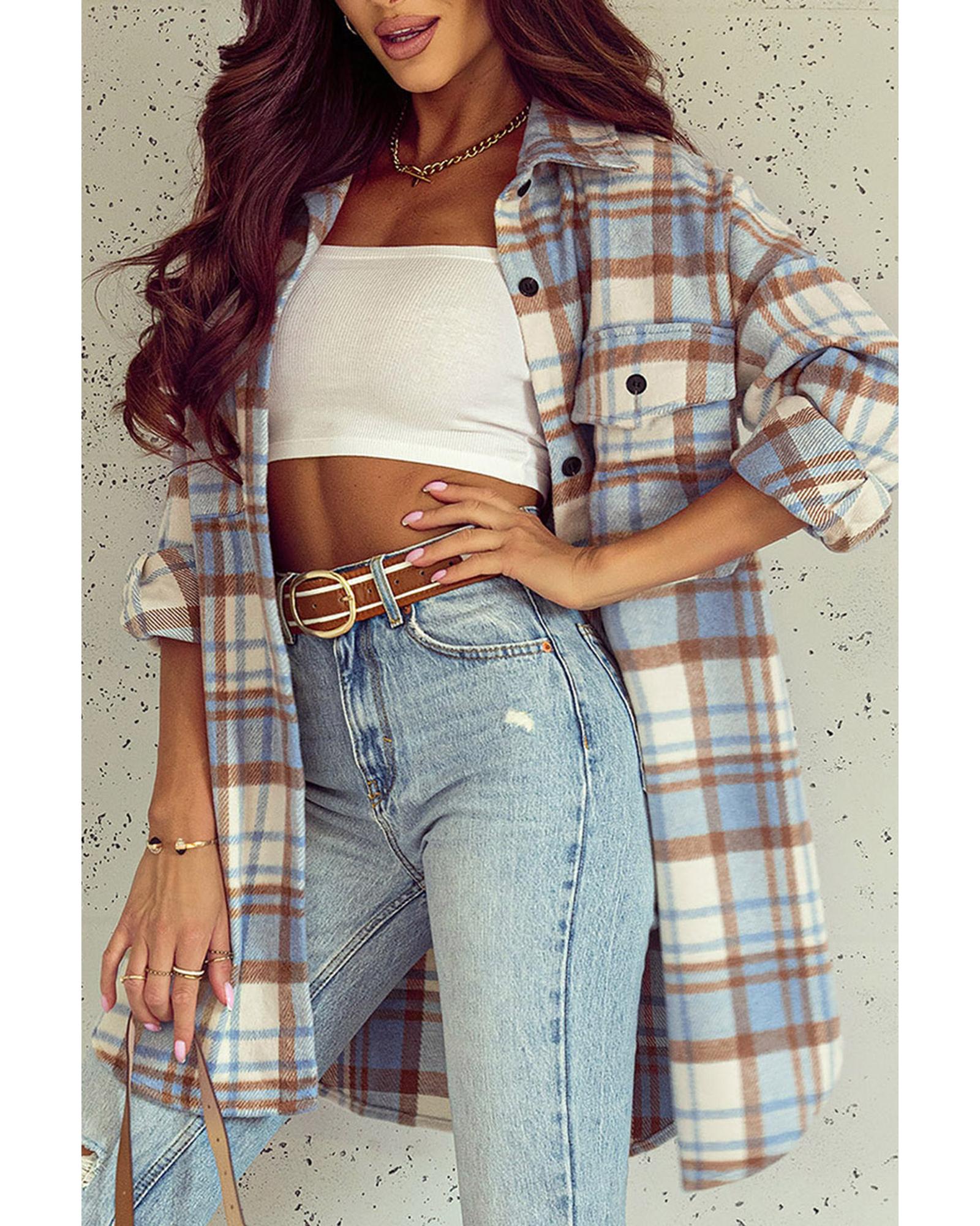 Sky Blue Plaid Flap Pocket Long Sleeve Shacket - S