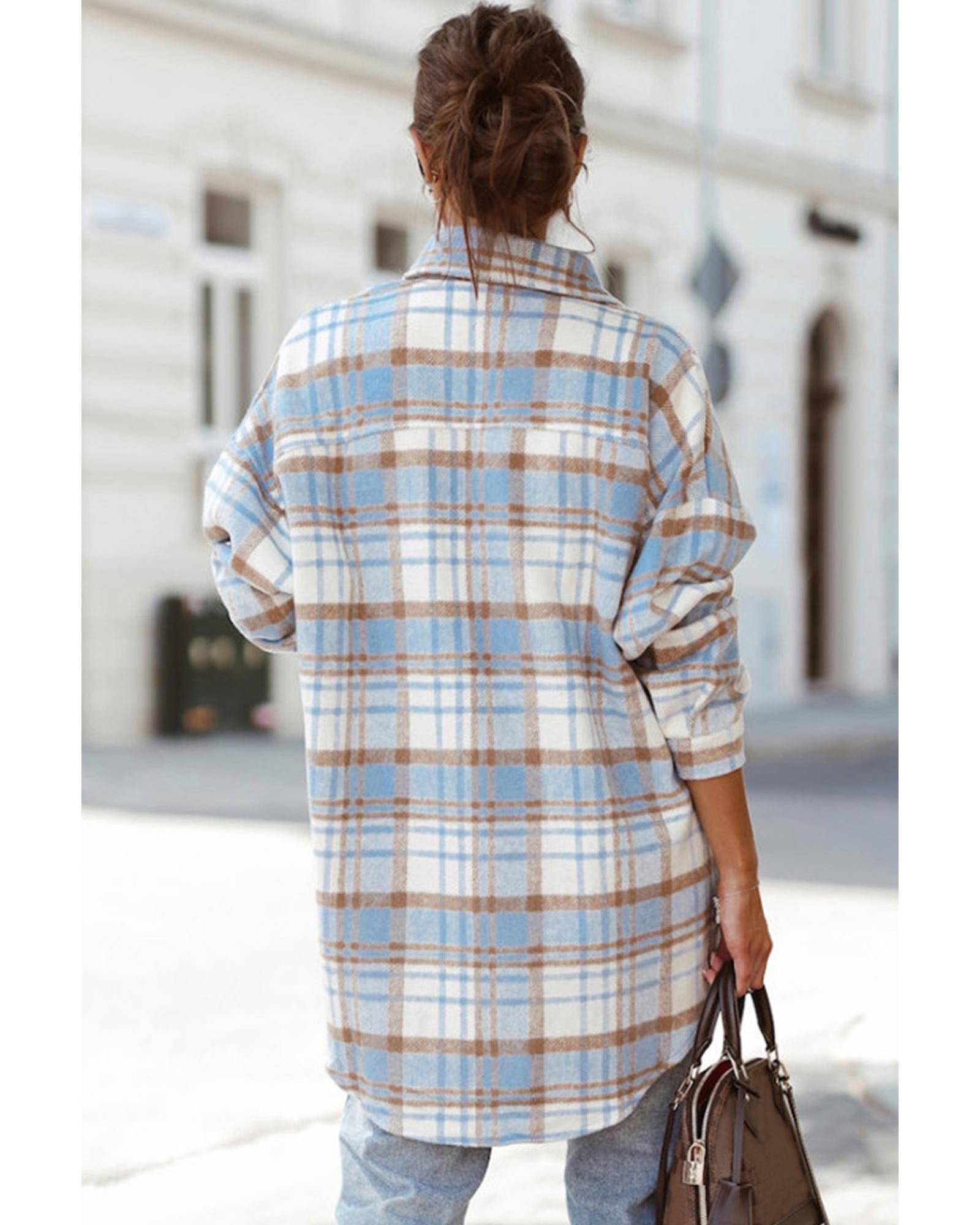 Sky Blue Plaid Flap Pocket Long Sleeve Shacket - S