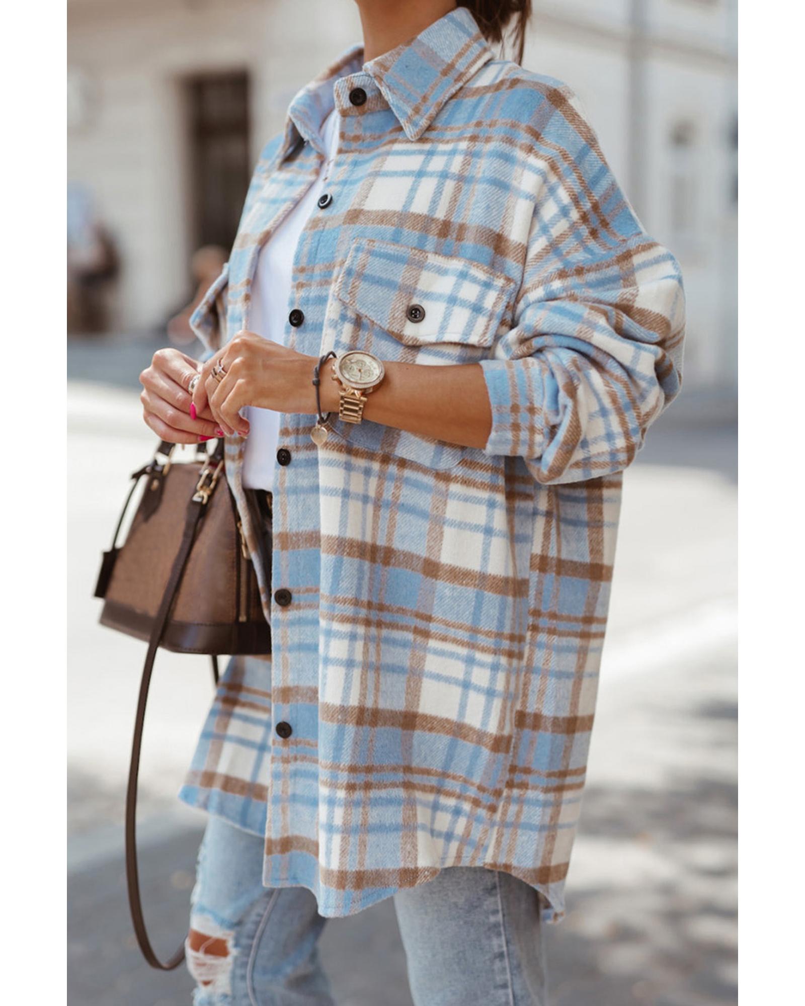 Sky Blue Plaid Flap Pocket Long Sleeve Shacket - S