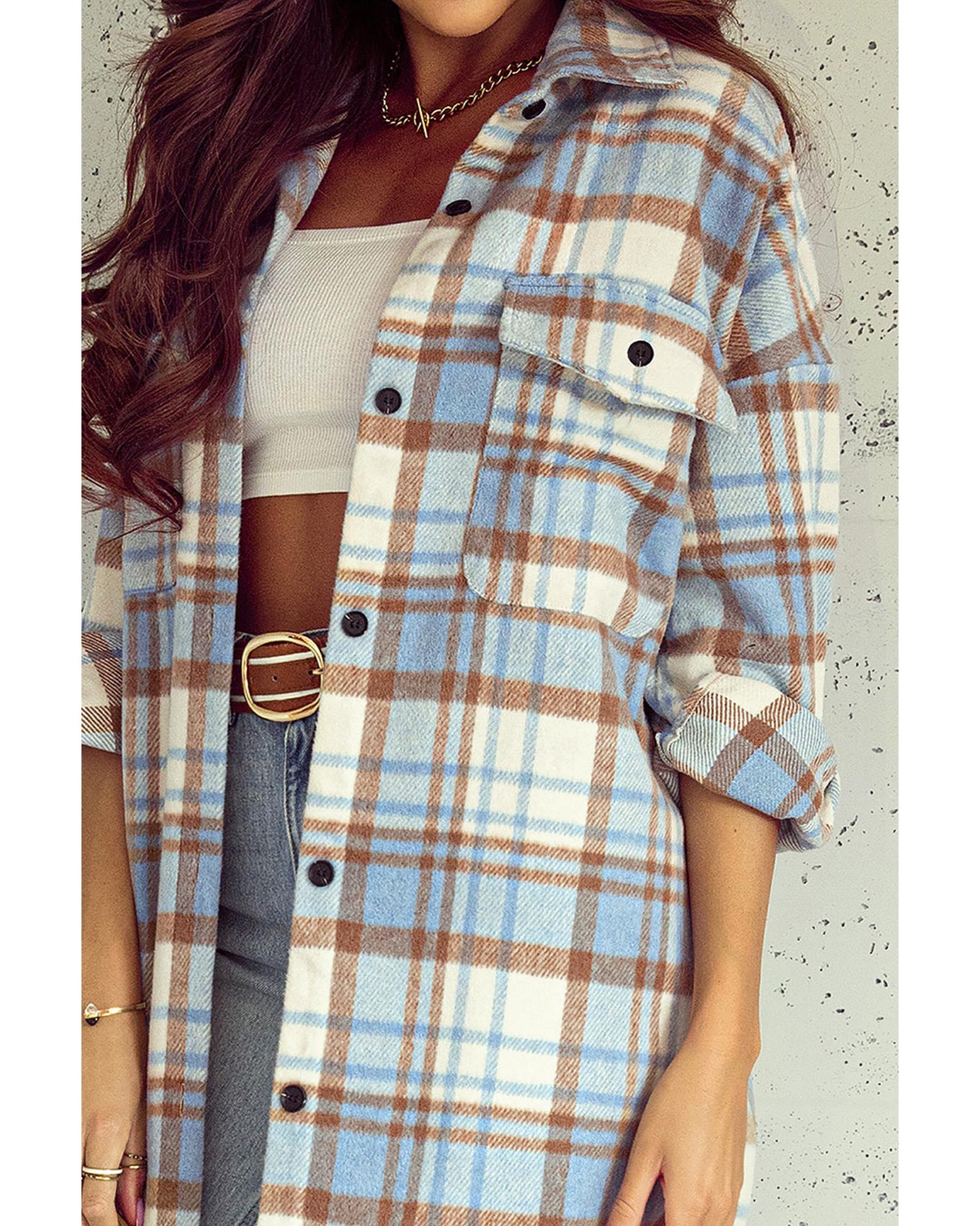 Sky Blue Plaid Flap Pocket Long Sleeve Shacket - S