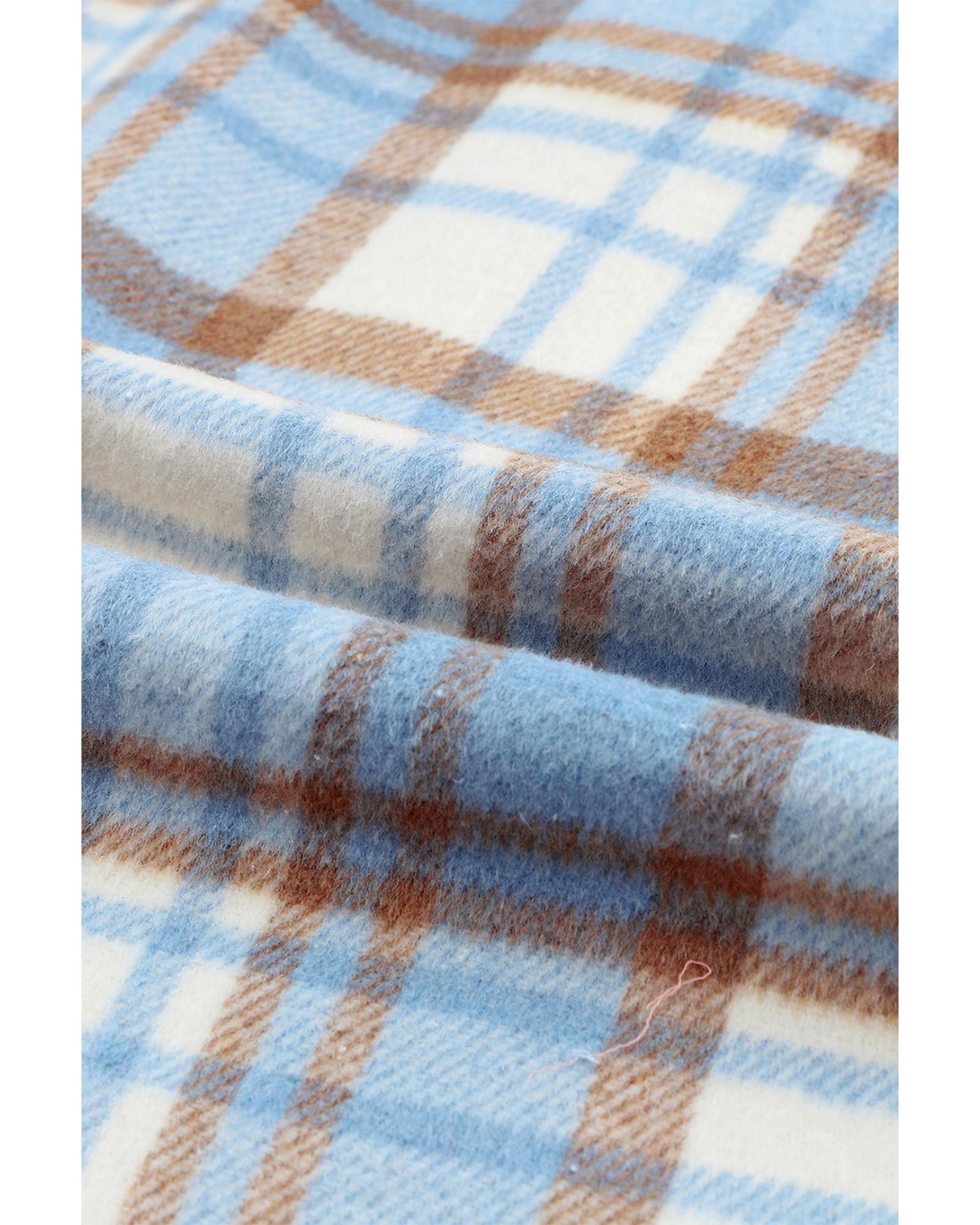 Sky Blue Plaid Flap Pocket Long Sleeve Shacket - S