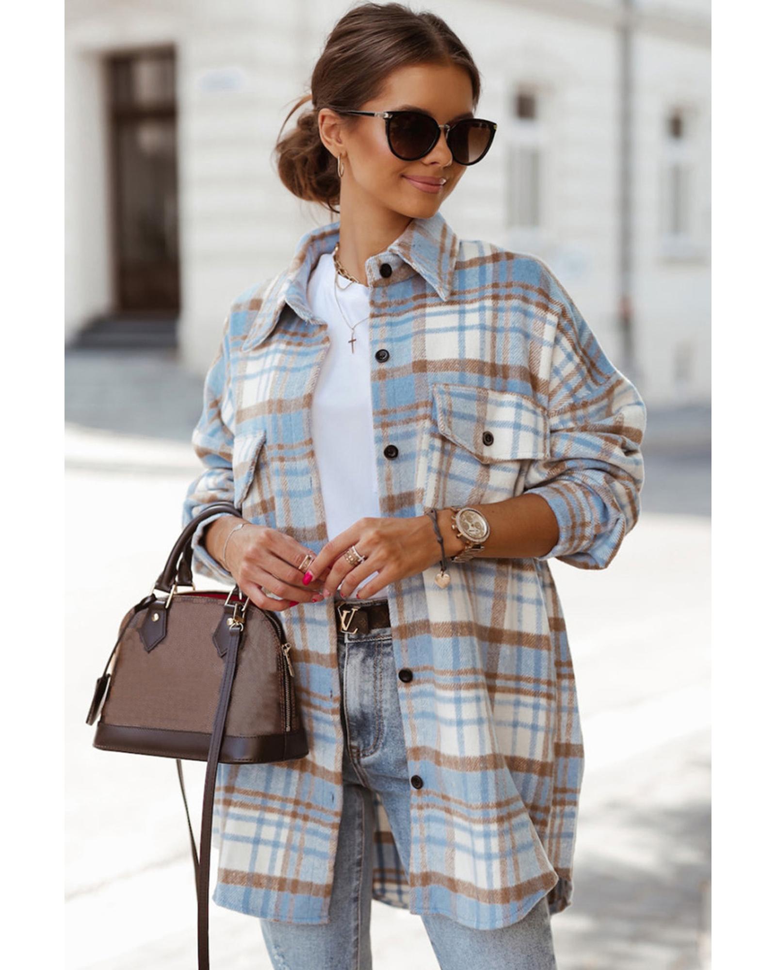 Sky Blue Plaid Flap Pocket Long Sleeve Shacket - S
