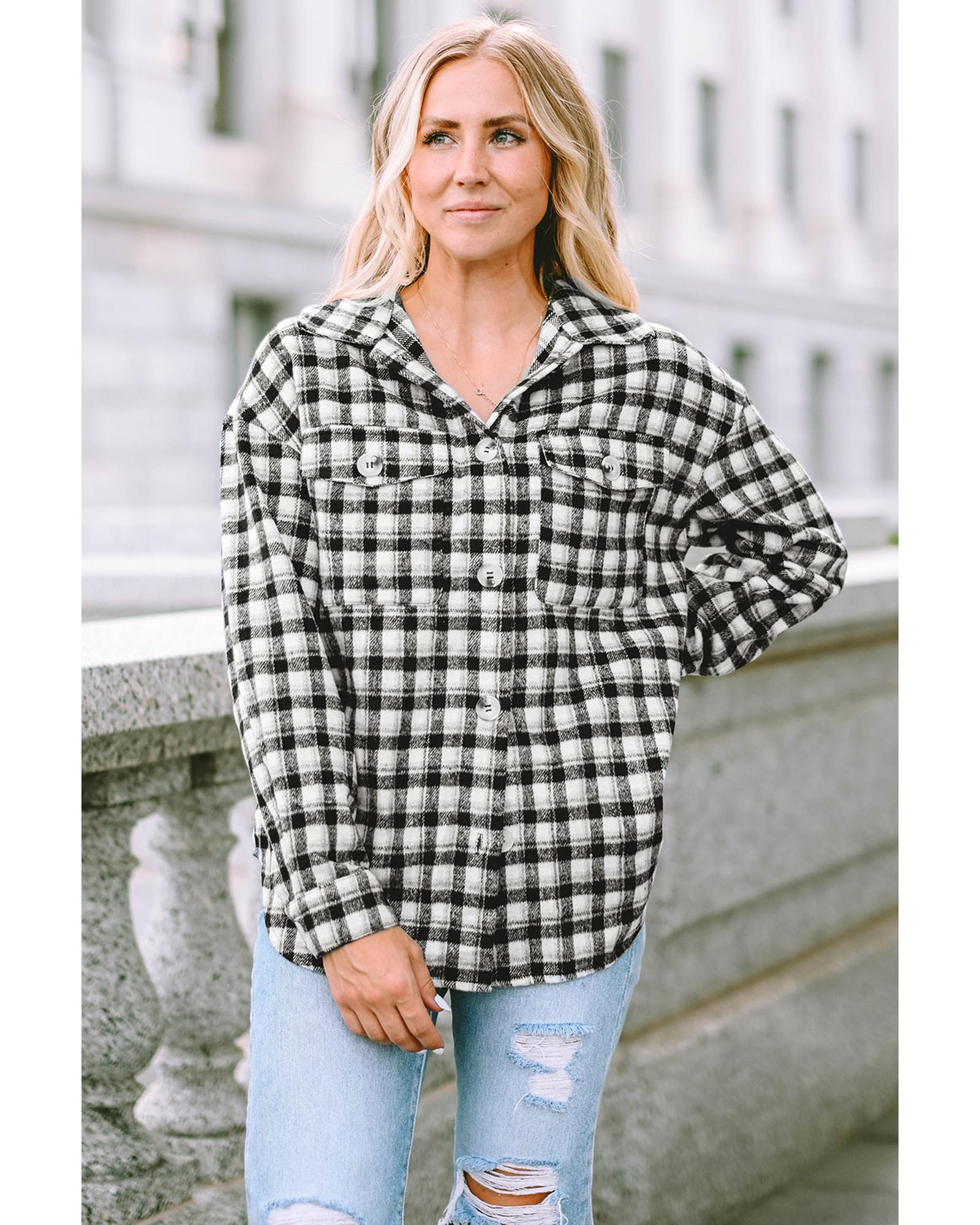 Black Plaid Print Chest Pockets Buttoned Tunic Shacket - L