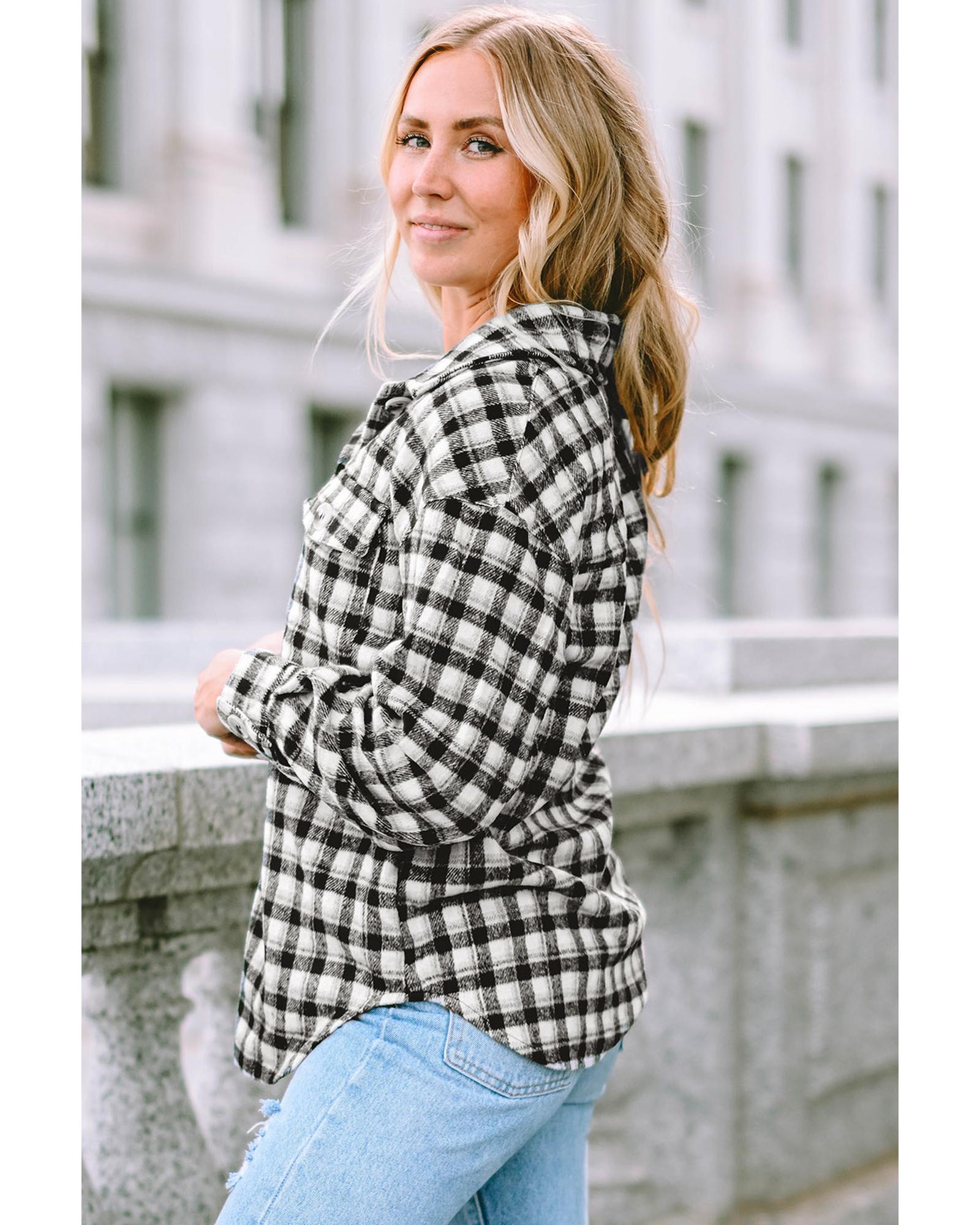 Black Plaid Print Chest Pockets Buttoned Tunic Shacket - L