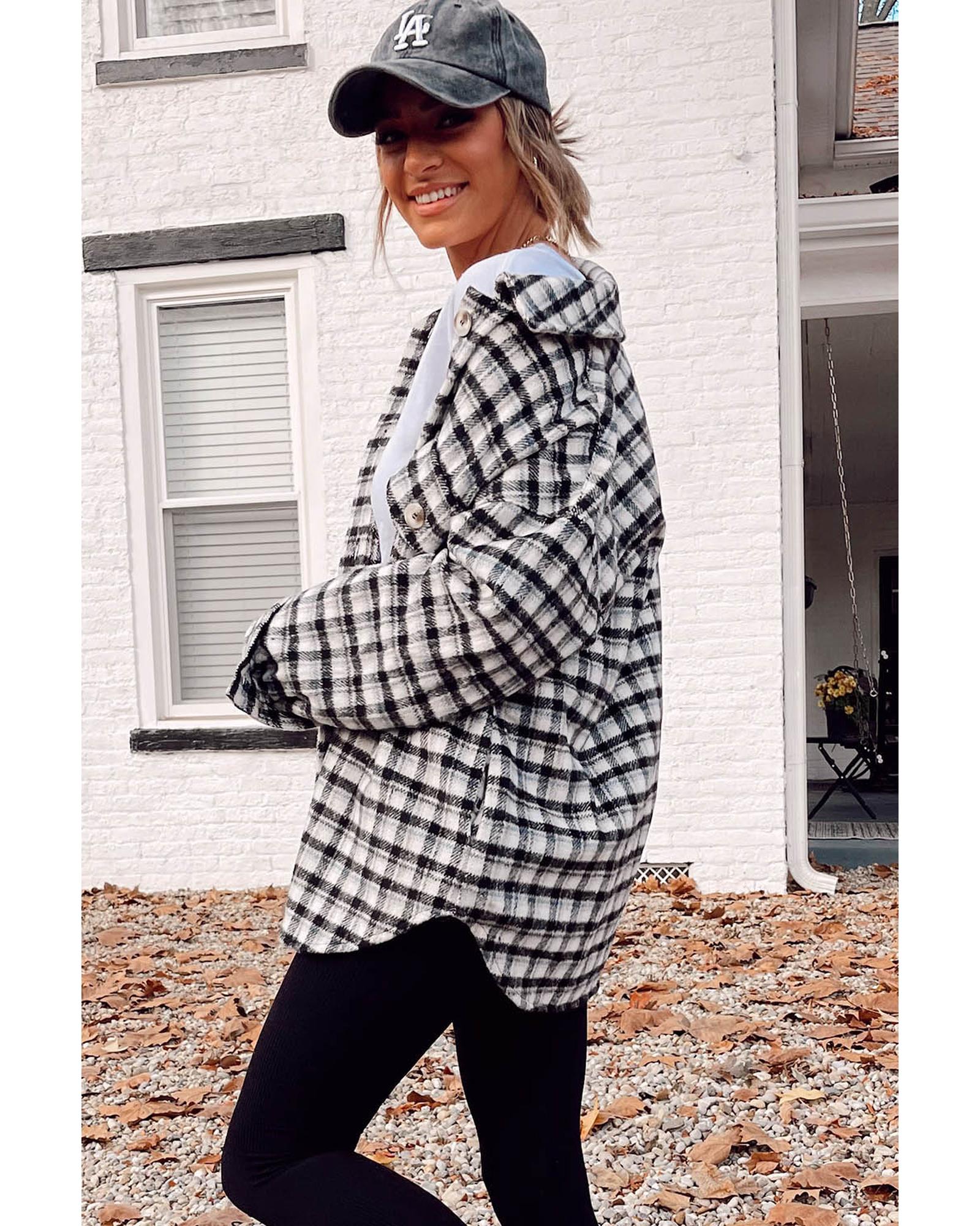 Black Plaid Print Chest Pockets Buttoned Tunic Shacket - L