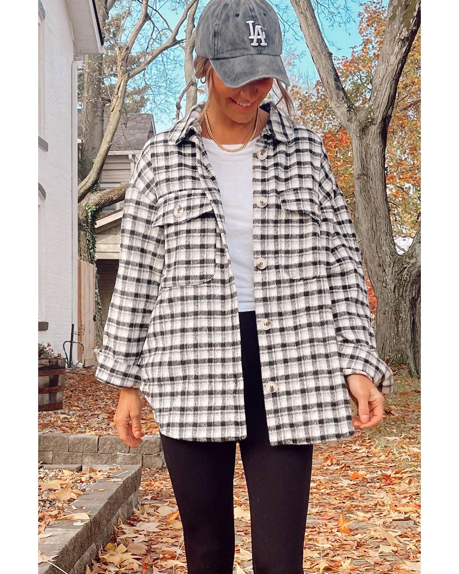 Black Plaid Print Chest Pockets Buttoned Tunic Shacket - M