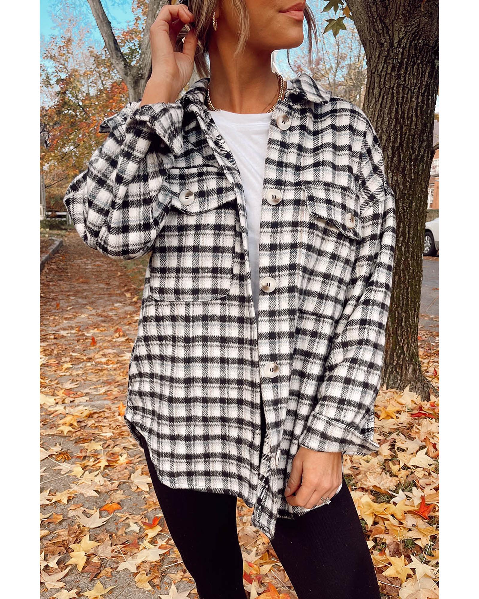 Black Plaid Print Chest Pockets Buttoned Tunic Shacket - M