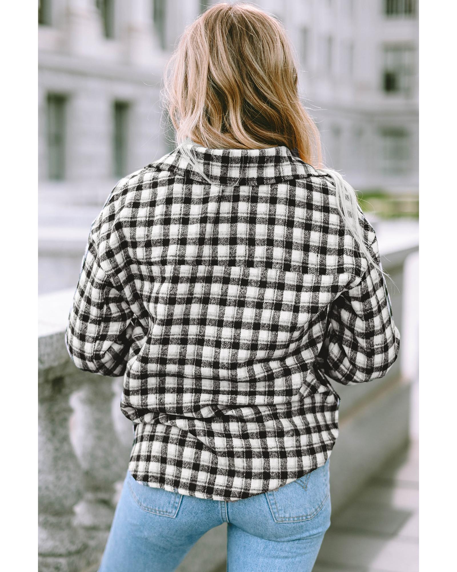 Black Plaid Print Chest Pockets Buttoned Tunic Shacket - XL