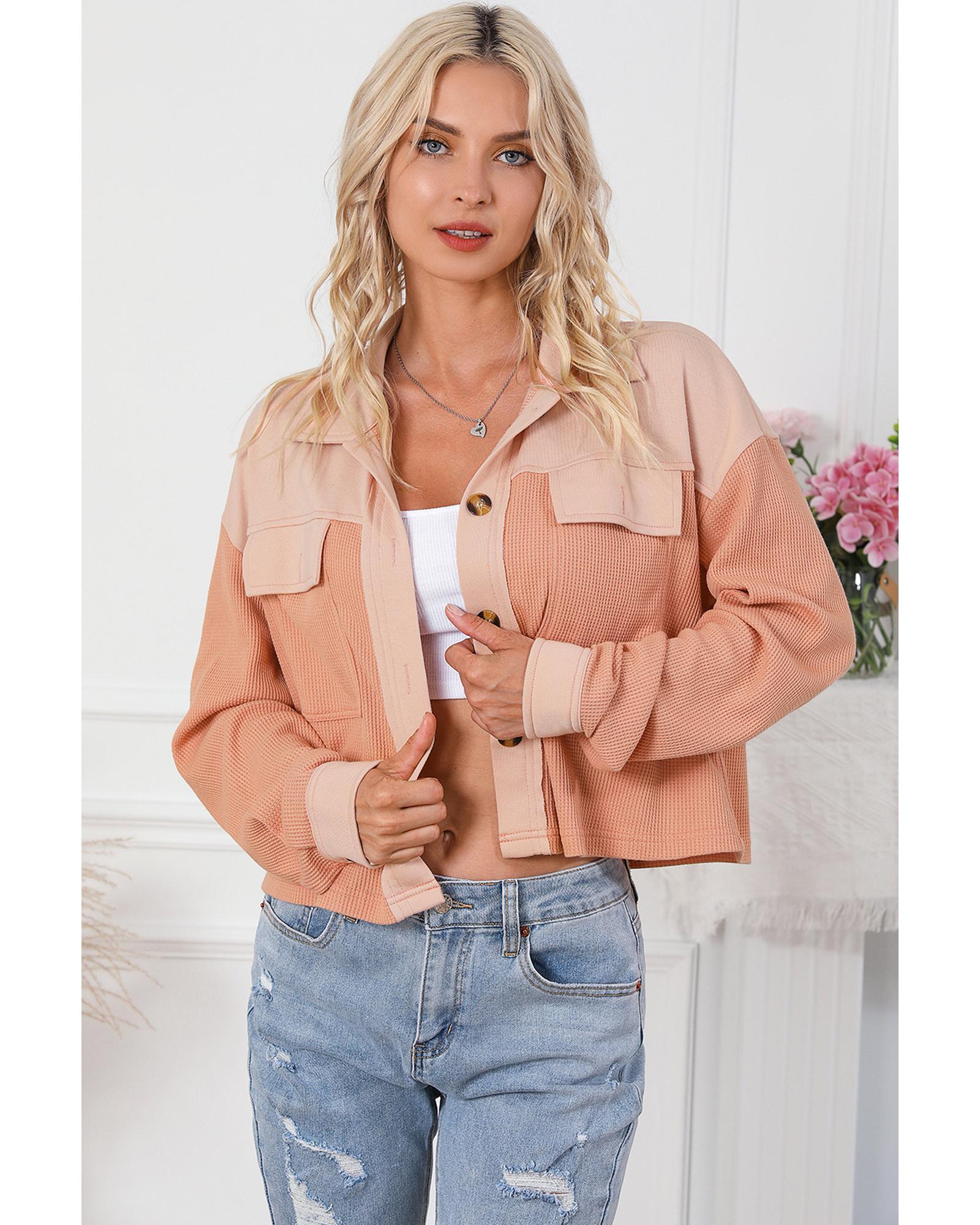 Orange Textured Waffle Knit Chest Pockets Cropped Shacket - L