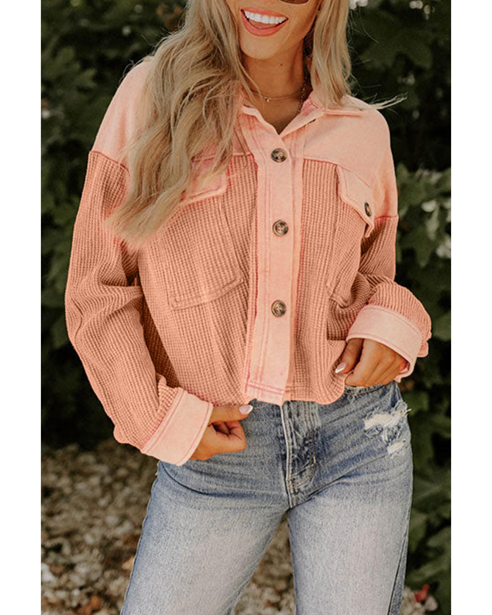 Orange Textured Waffle Knit Chest Pockets Cropped Shacket - L