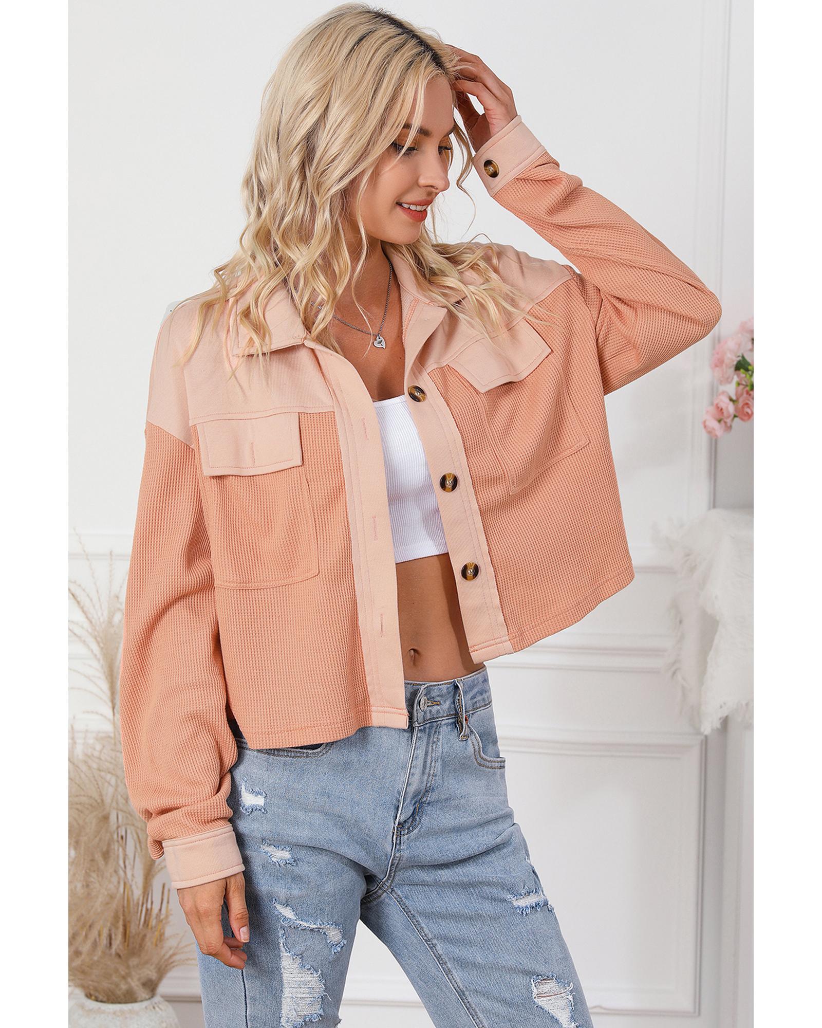 Orange Textured Waffle Knit Chest Pockets Cropped Shacket - L