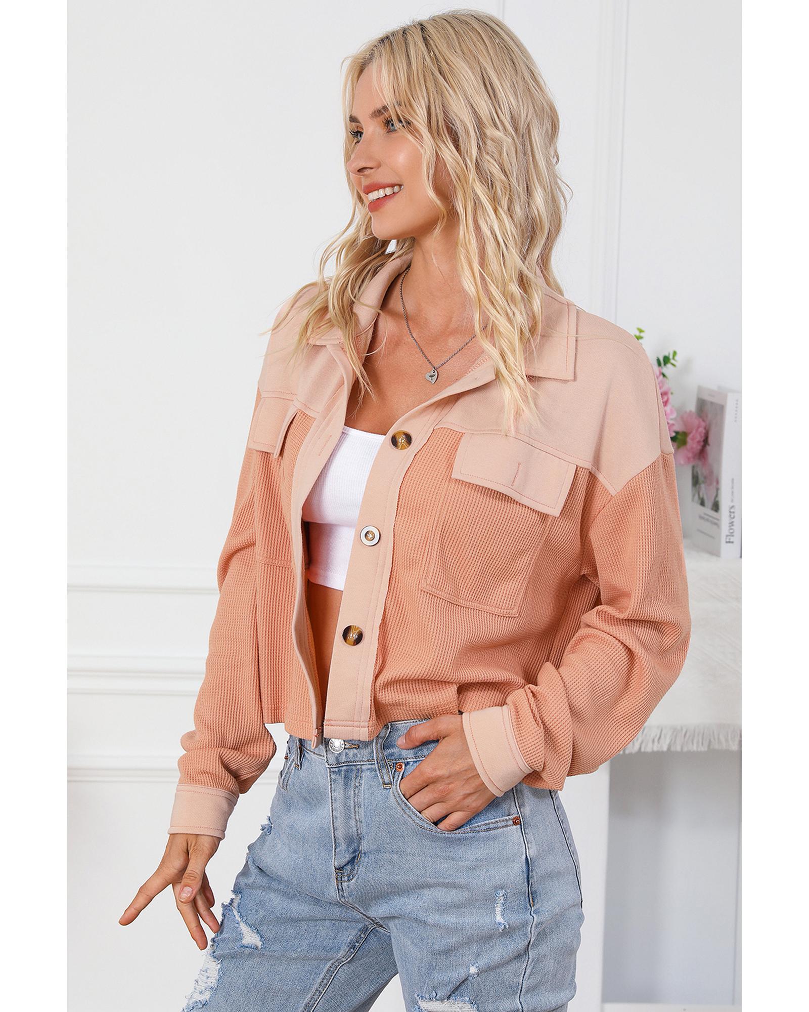 Orange Textured Waffle Knit Chest Pockets Cropped Shacket - L