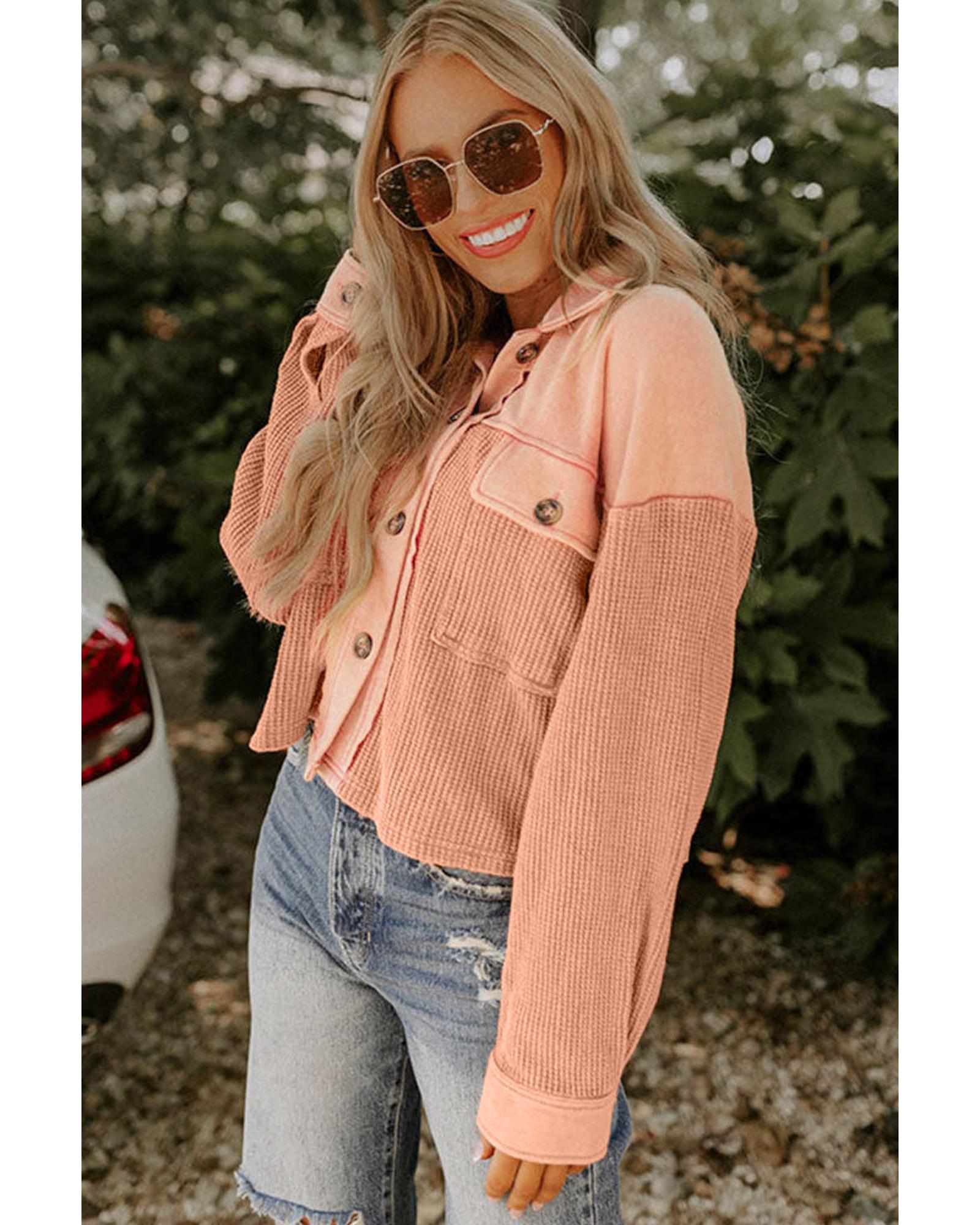 Orange Textured Waffle Knit Chest Pockets Cropped Shacket - L
