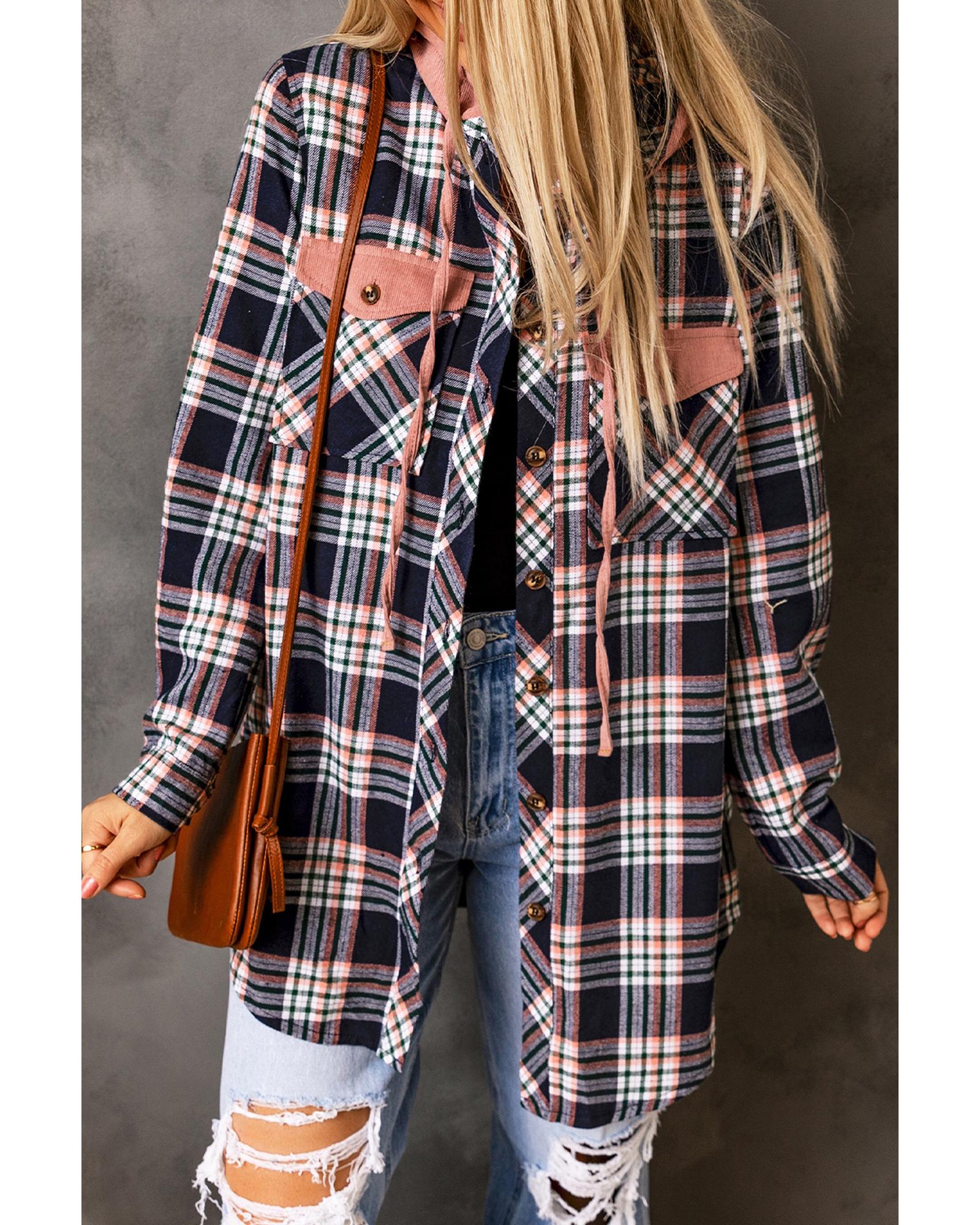 Pink Contrast Hooded Drawstring Plaid Shacket - XL