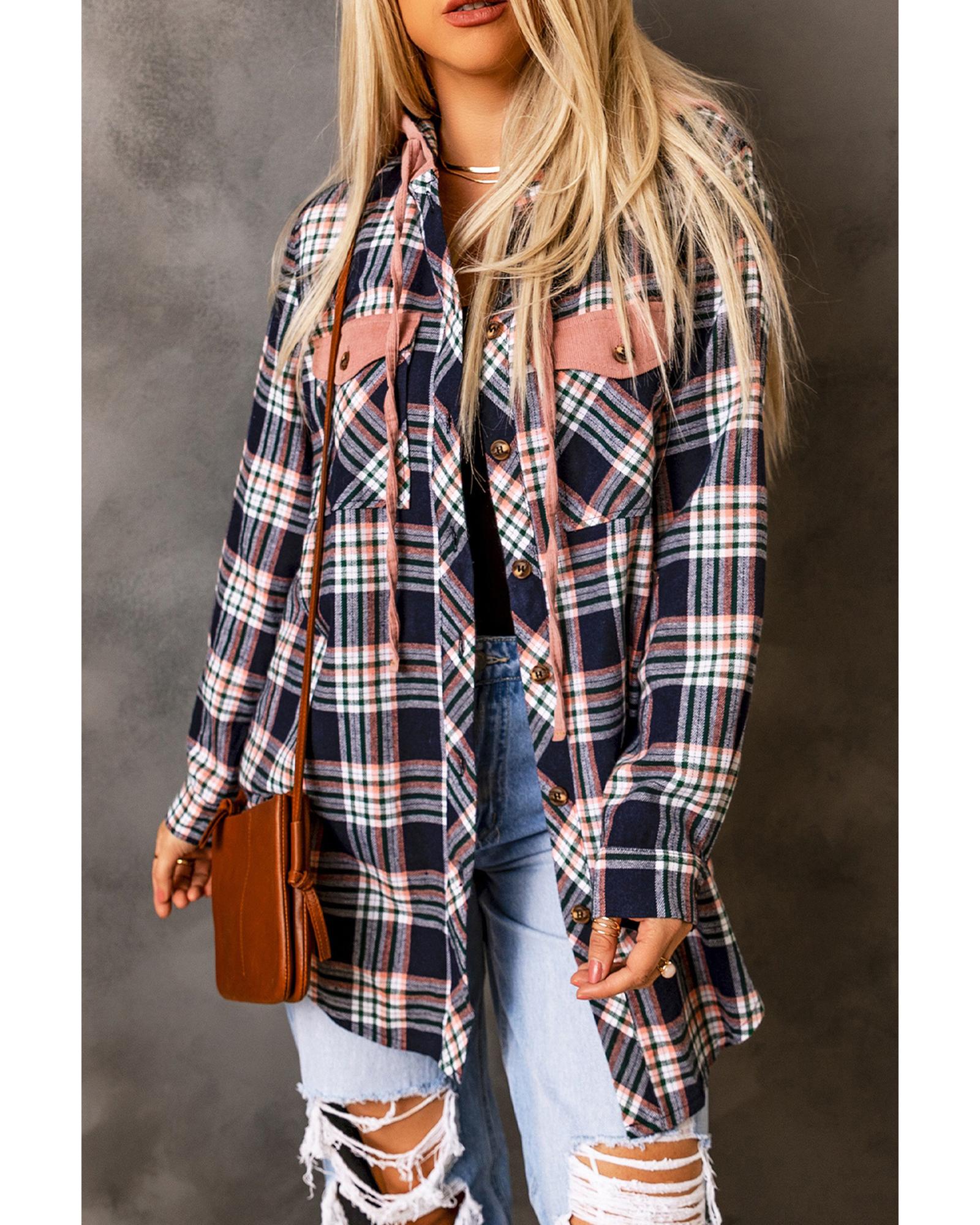 Pink Contrast Hooded Drawstring Plaid Shacket - XL