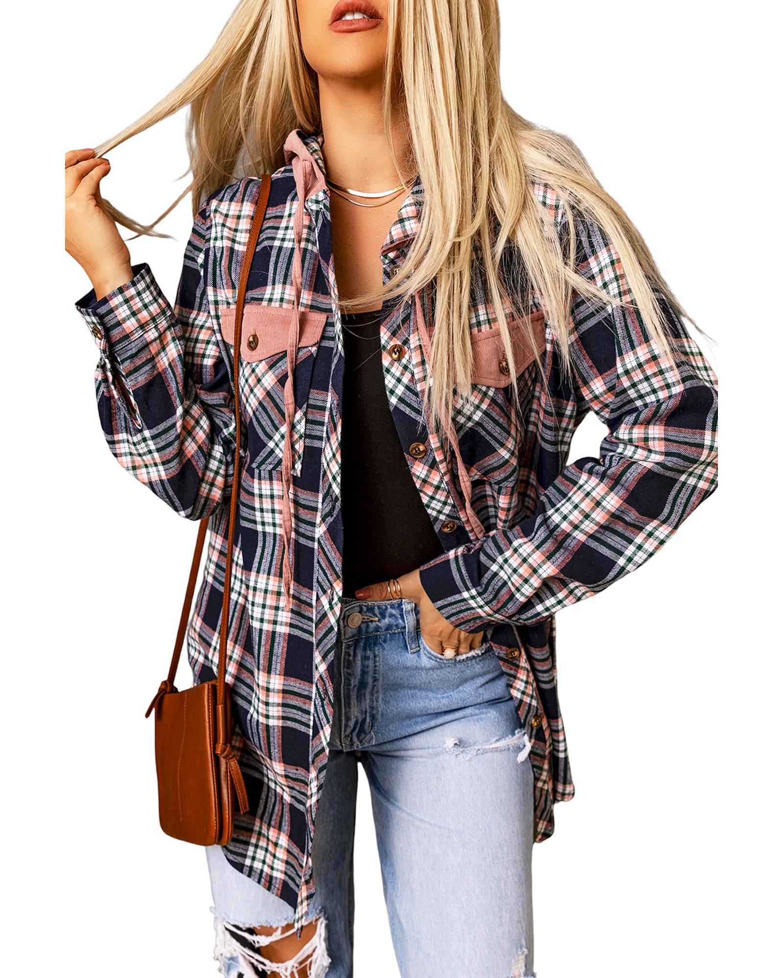 Pink Contrast Hooded Drawstring Plaid Shacket - XL