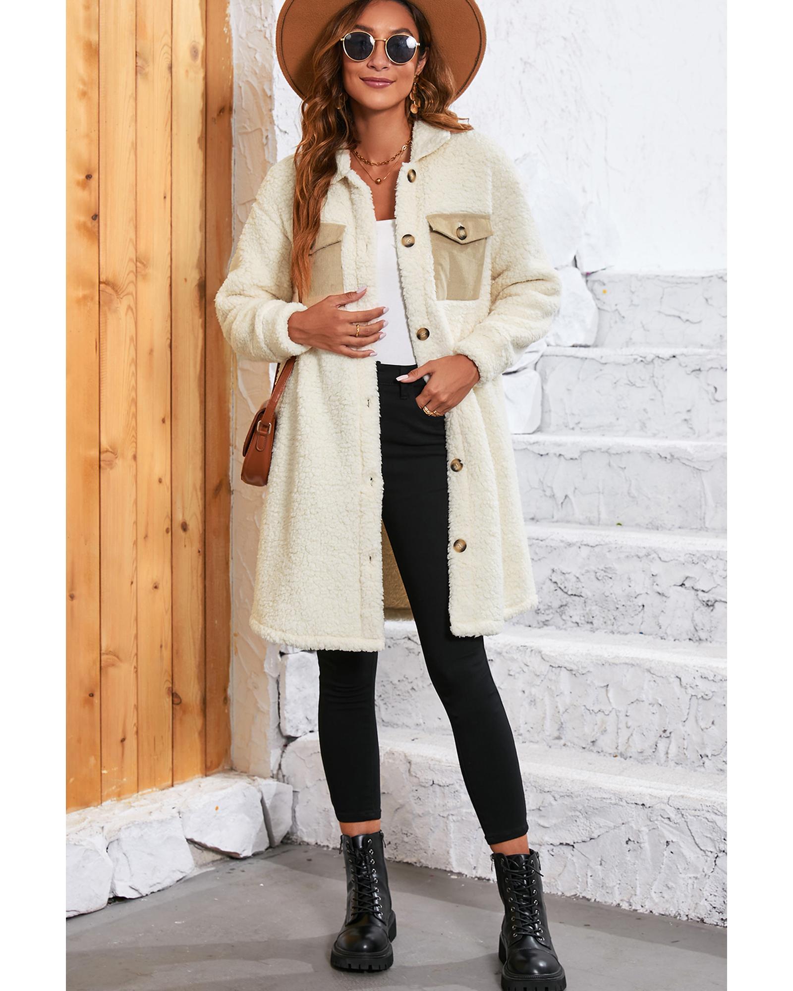 Beige Contrast Flap Pocket Single Breasted Teddy Coat - L