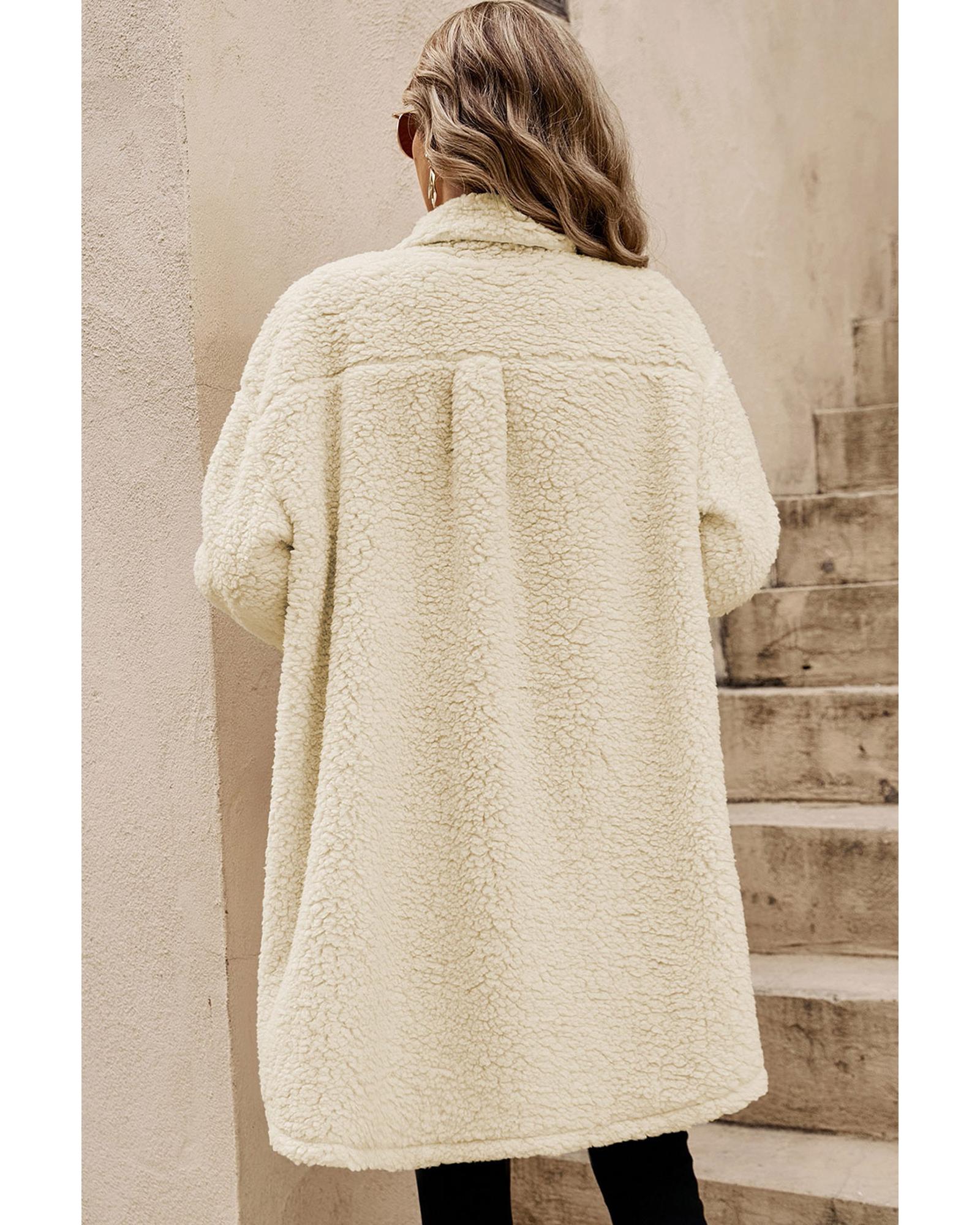 Beige Contrast Flap Pocket Single Breasted Teddy Coat - L